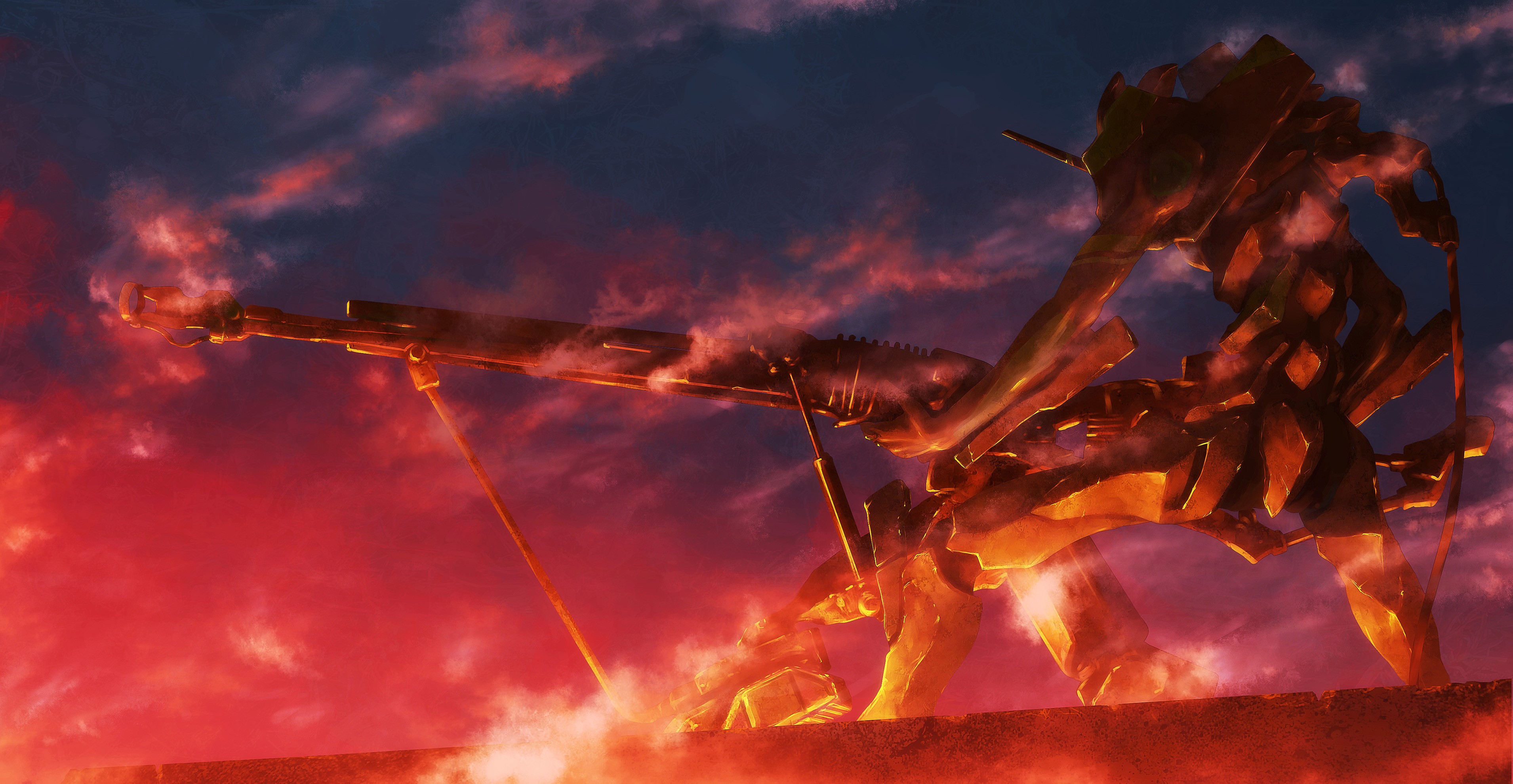 EVA Unit 01 with rifle at sunset HD Wallpaper