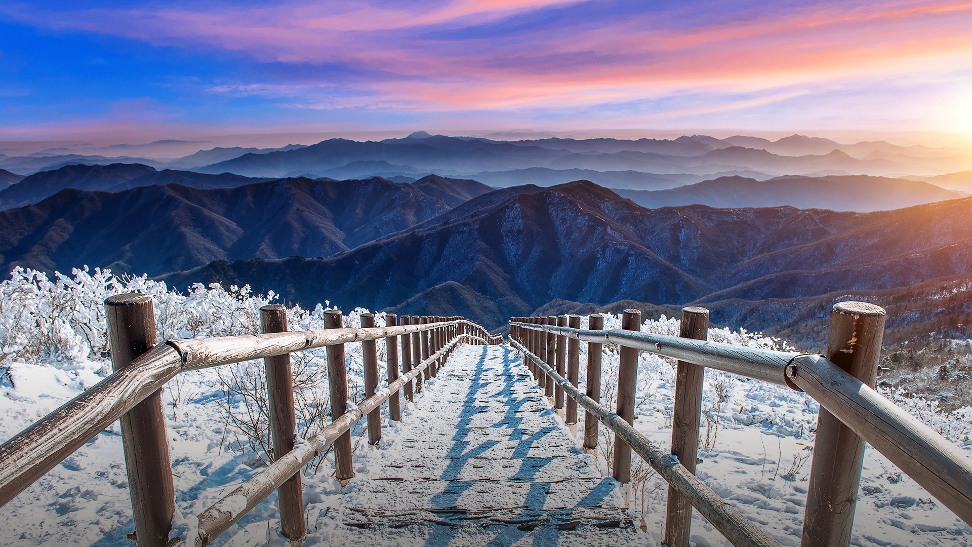Snowy stairs at Deogyusan National Park, South Korea HD Wallpaper