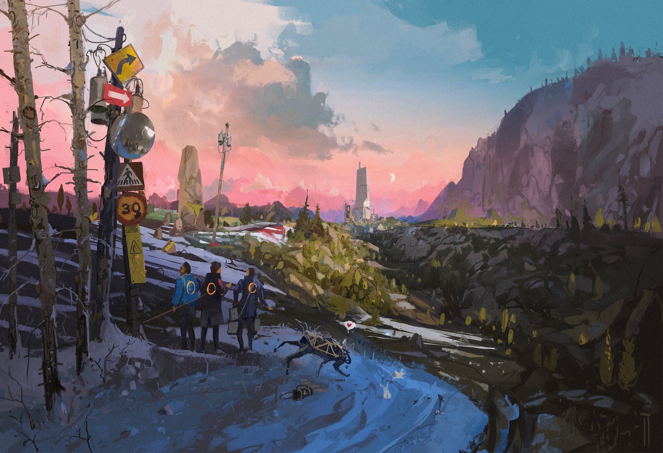 Futuristic landscape with travelers and a robot dog HD Wallpaper