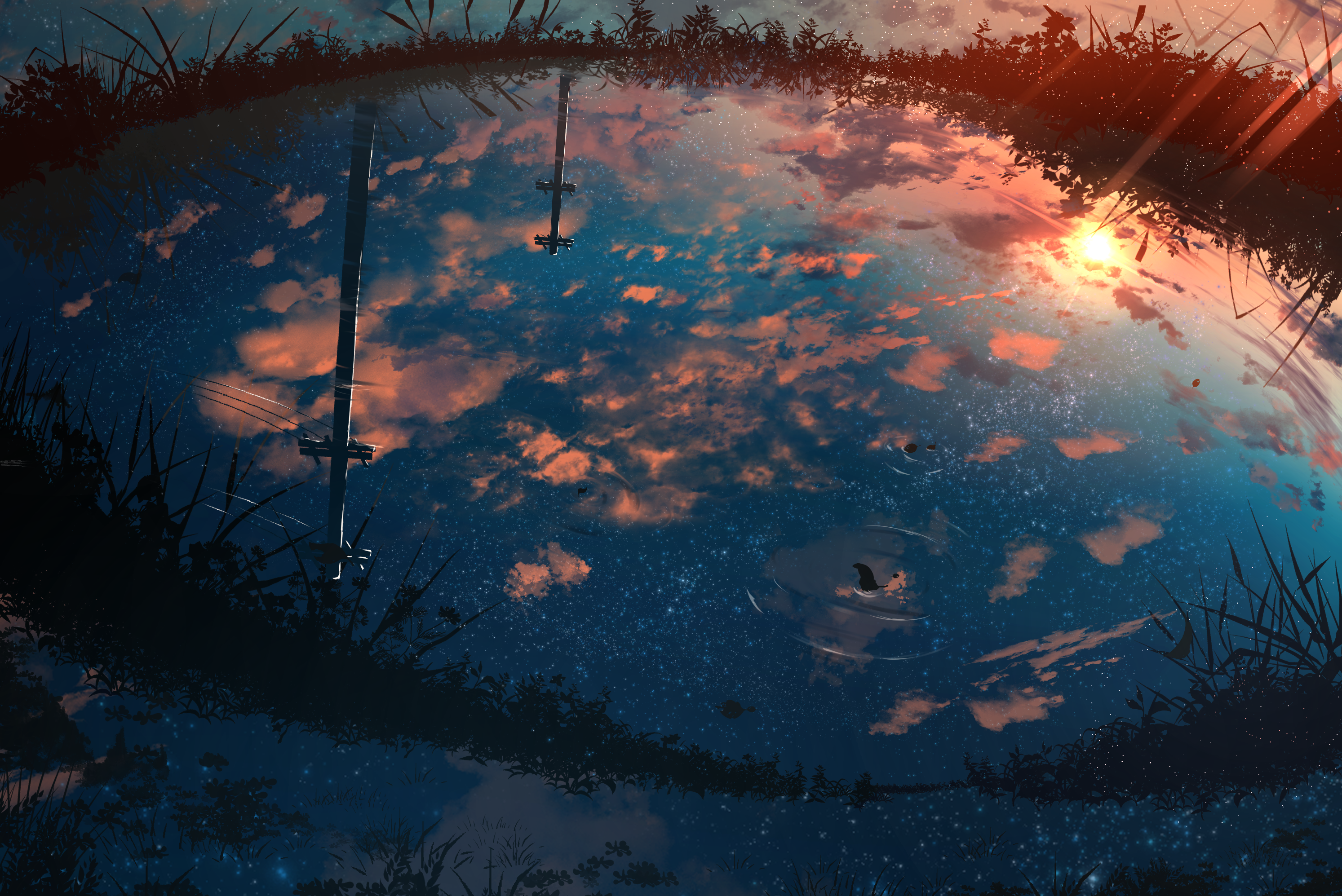 Reflection of sunset sky and stars in a lake HD Wallpaper