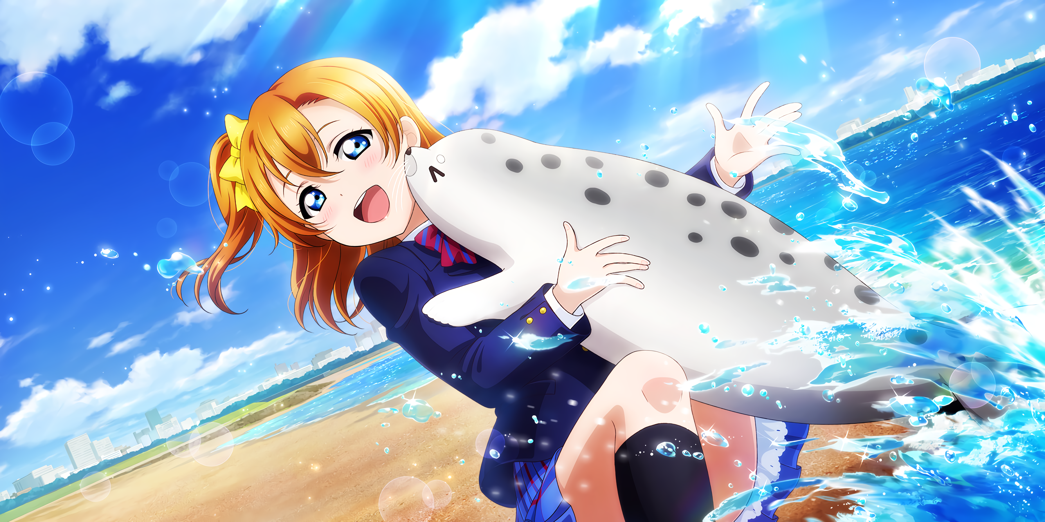 Kousaka Honoka from Love Live! Series with a seal plush HD Wallpaper