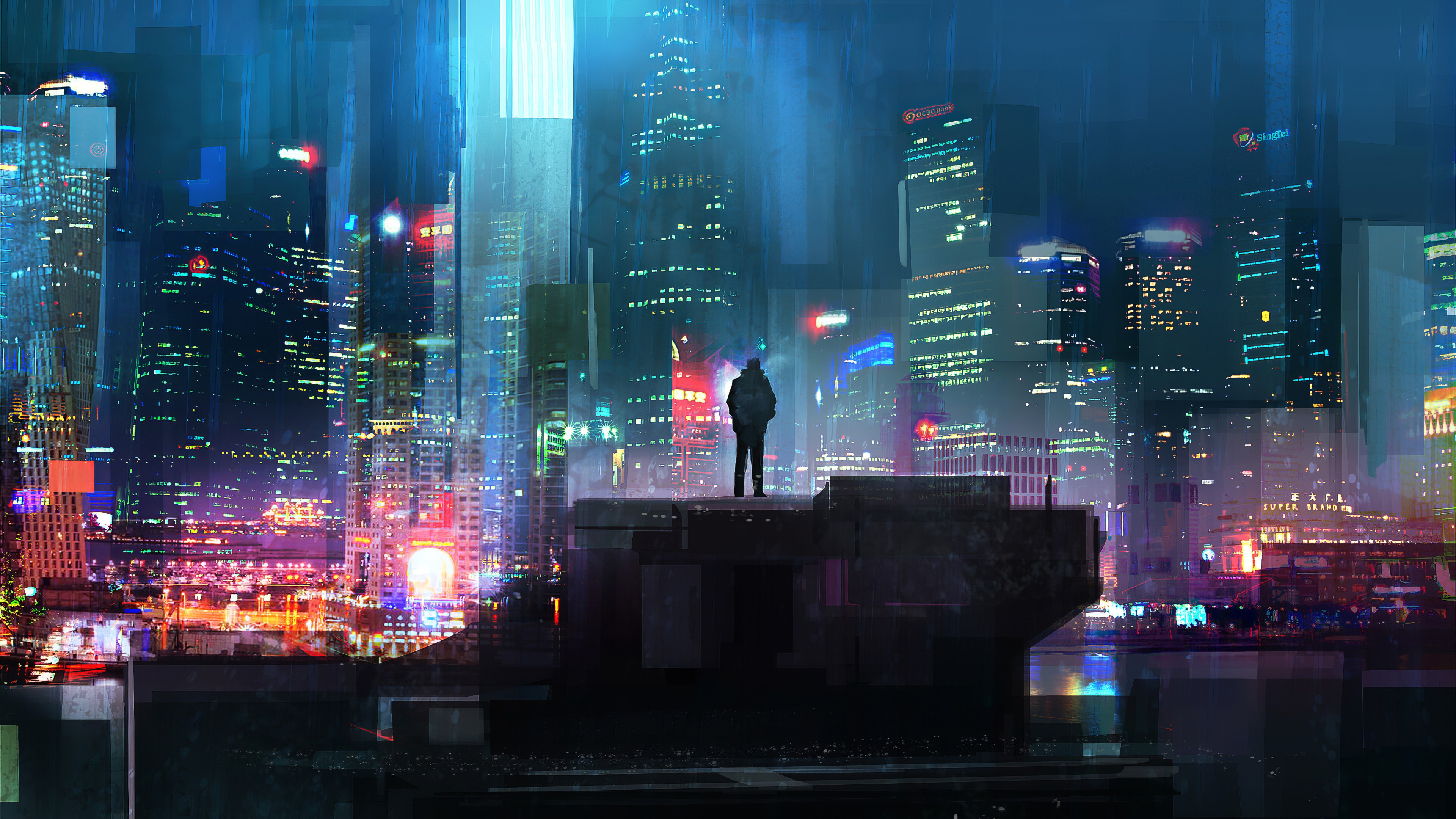 Man standing on rooftop overlooking futuristic city at night HD Wallpaper