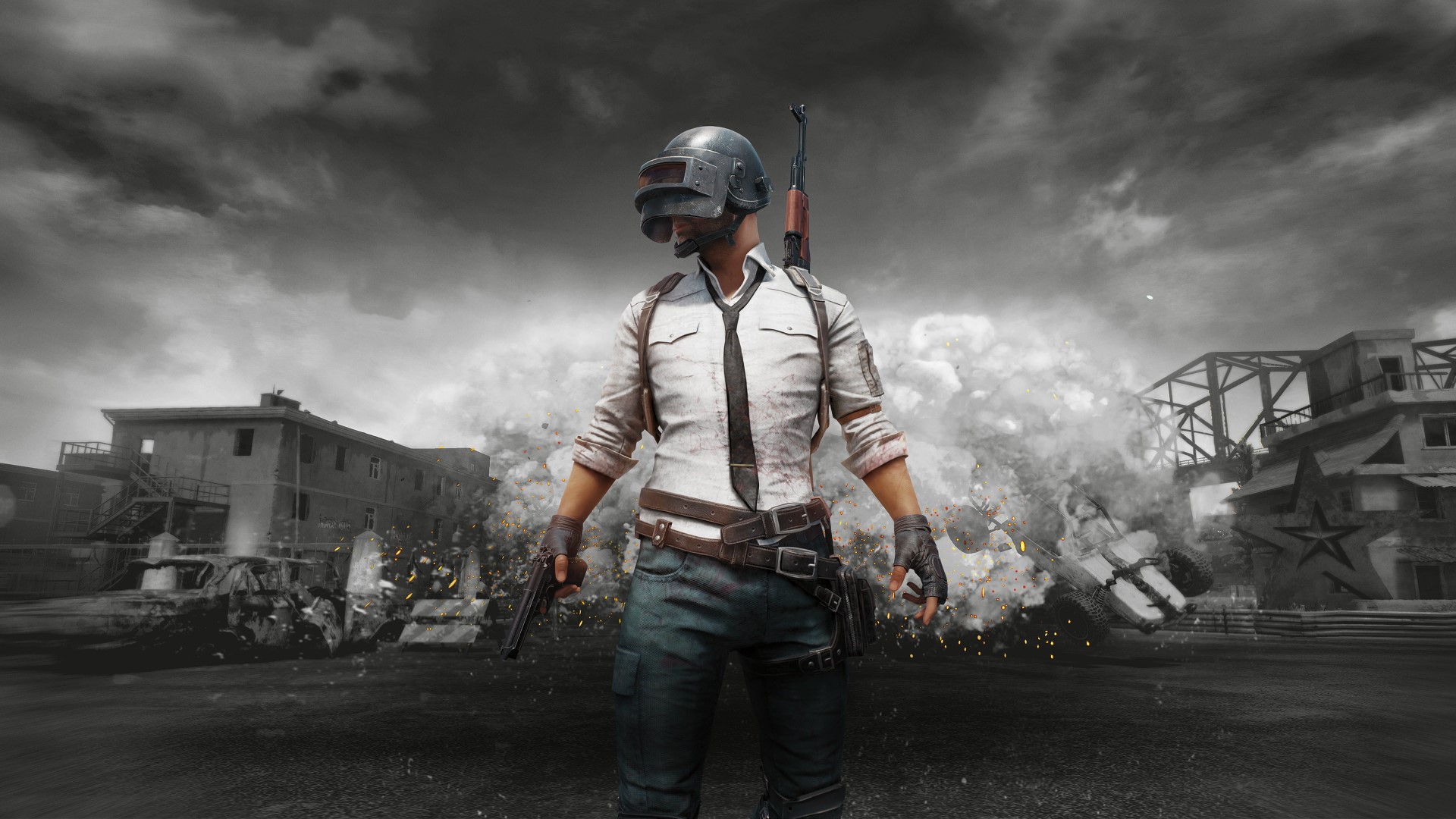 Player from PUBG holding guns with explosions HD Wallpaper