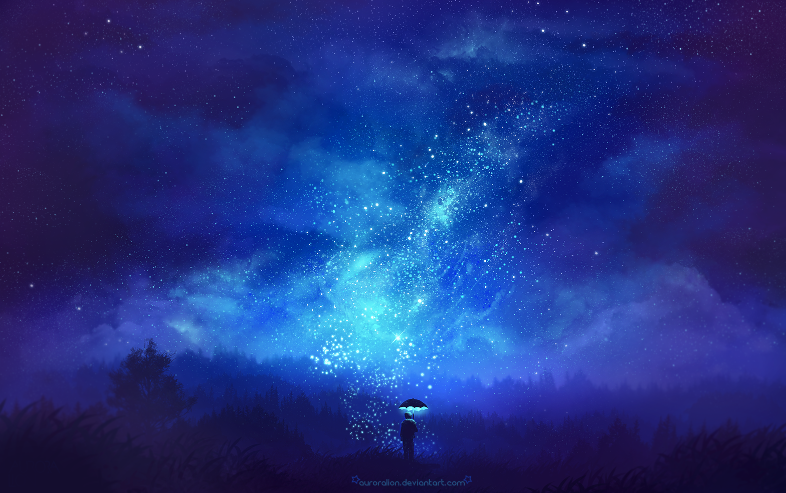 Person with umbrella under starry night sky HD Wallpaper