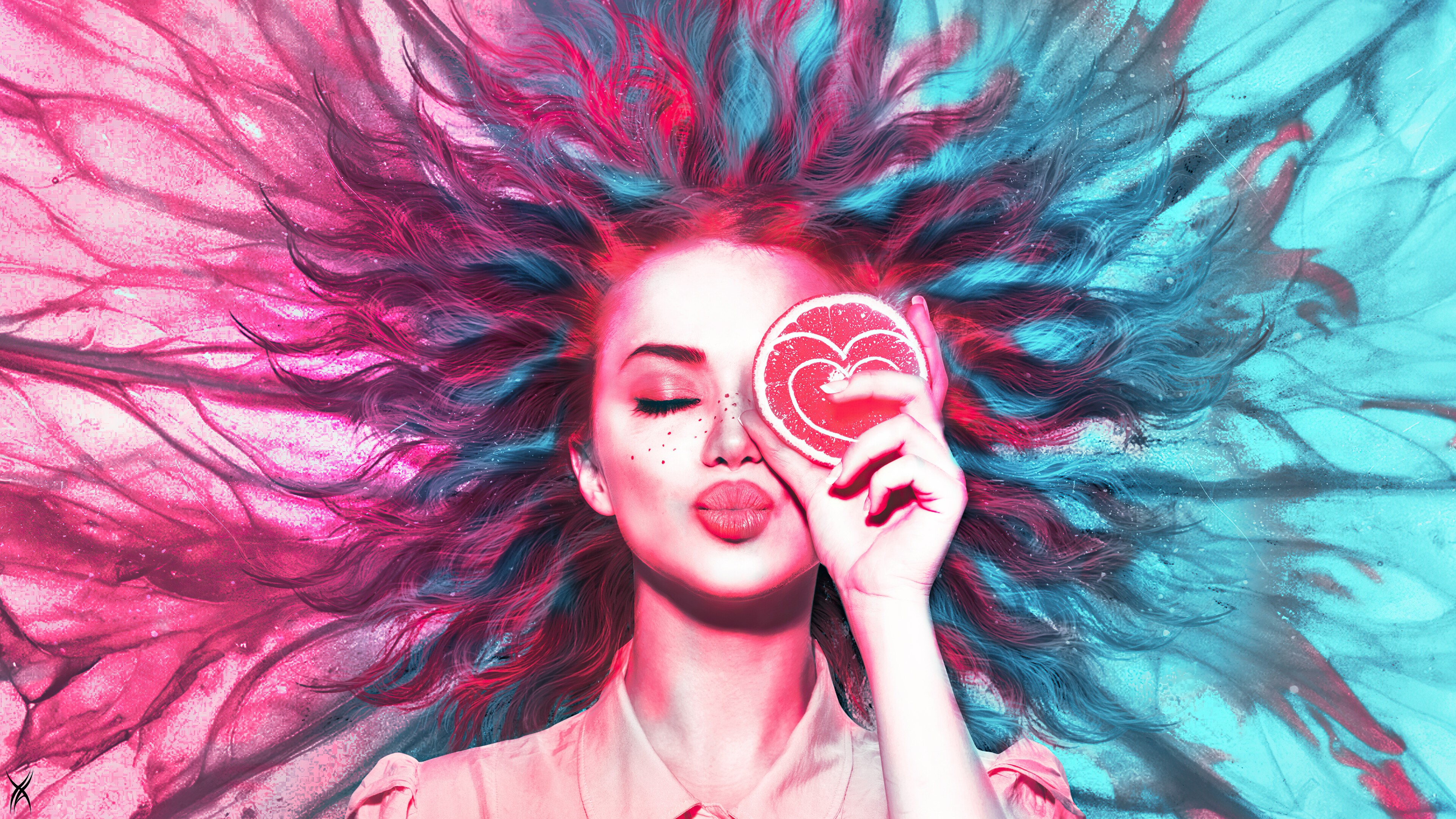 Woman with pink and blue hair holding grapefruit slice with heart HD Wallpaper