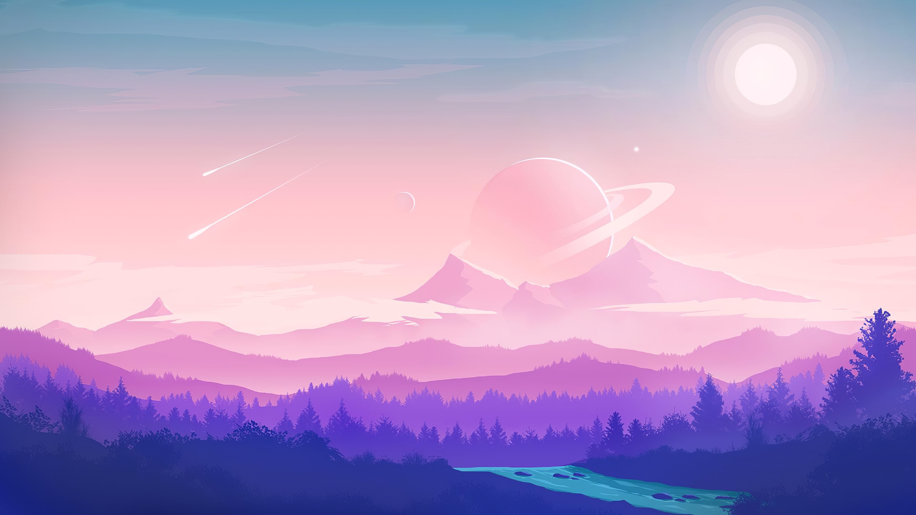 Fantasy landscape with planets and mountains HD Wallpaper