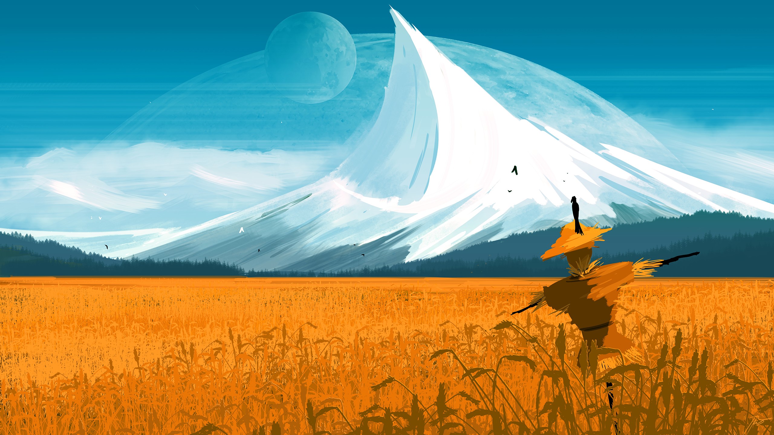 Scarecrow in a wheat field with mountains and planets HD Wallpaper