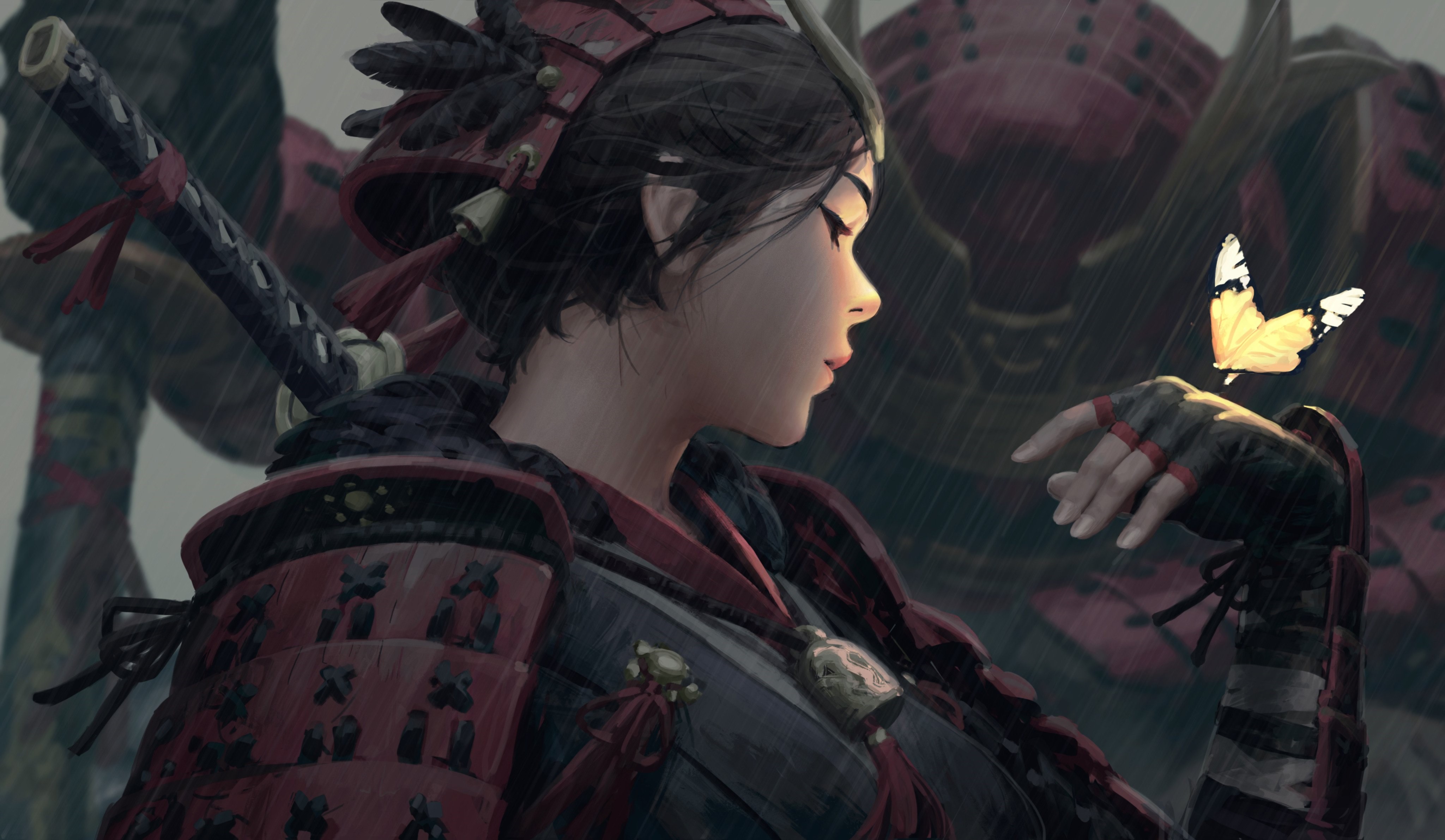 Samurai woman with butterfly and armored figure HD Wallpaper