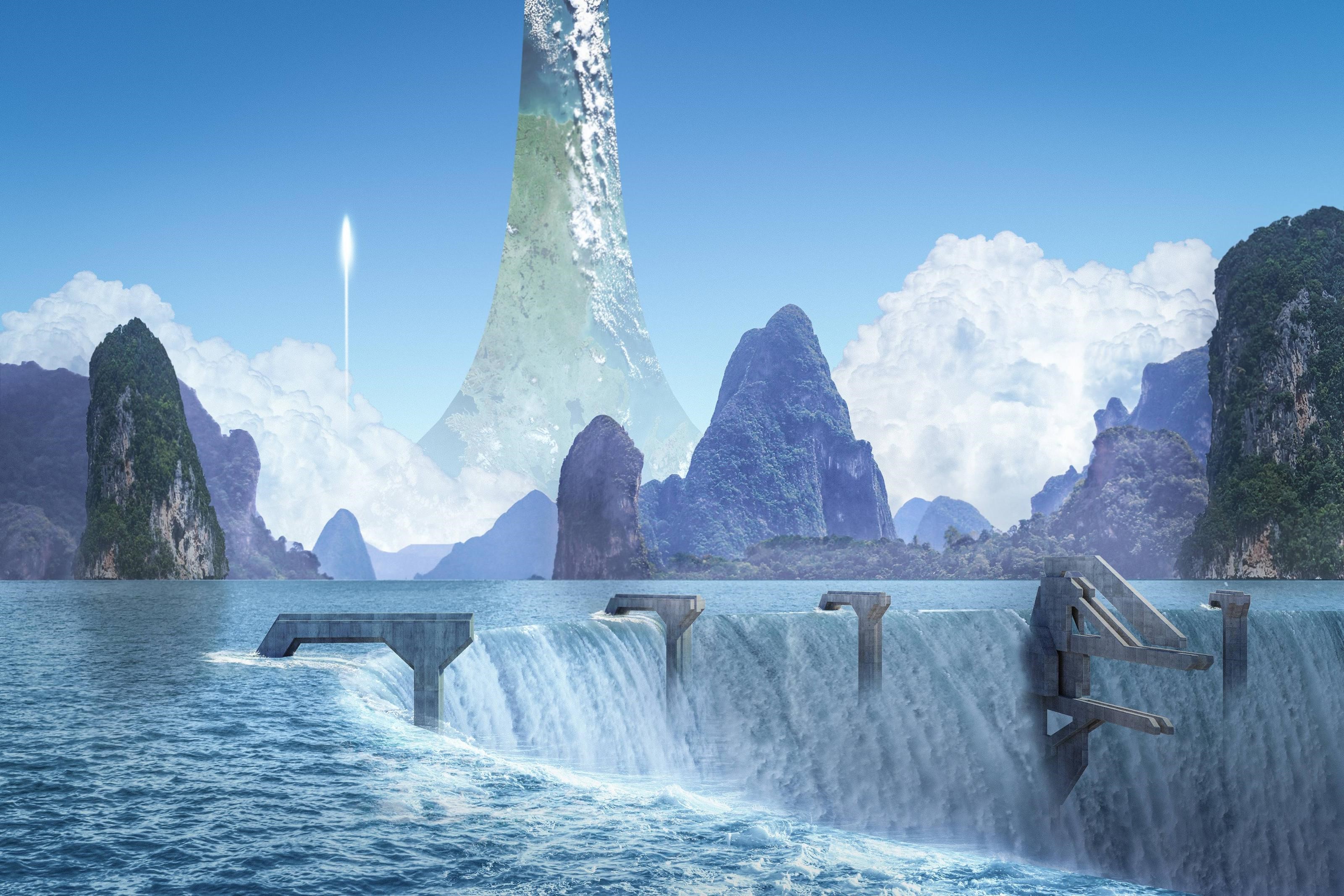Halo Forerunner Ringworld with Waterfall and Mountains HD Wallpaper