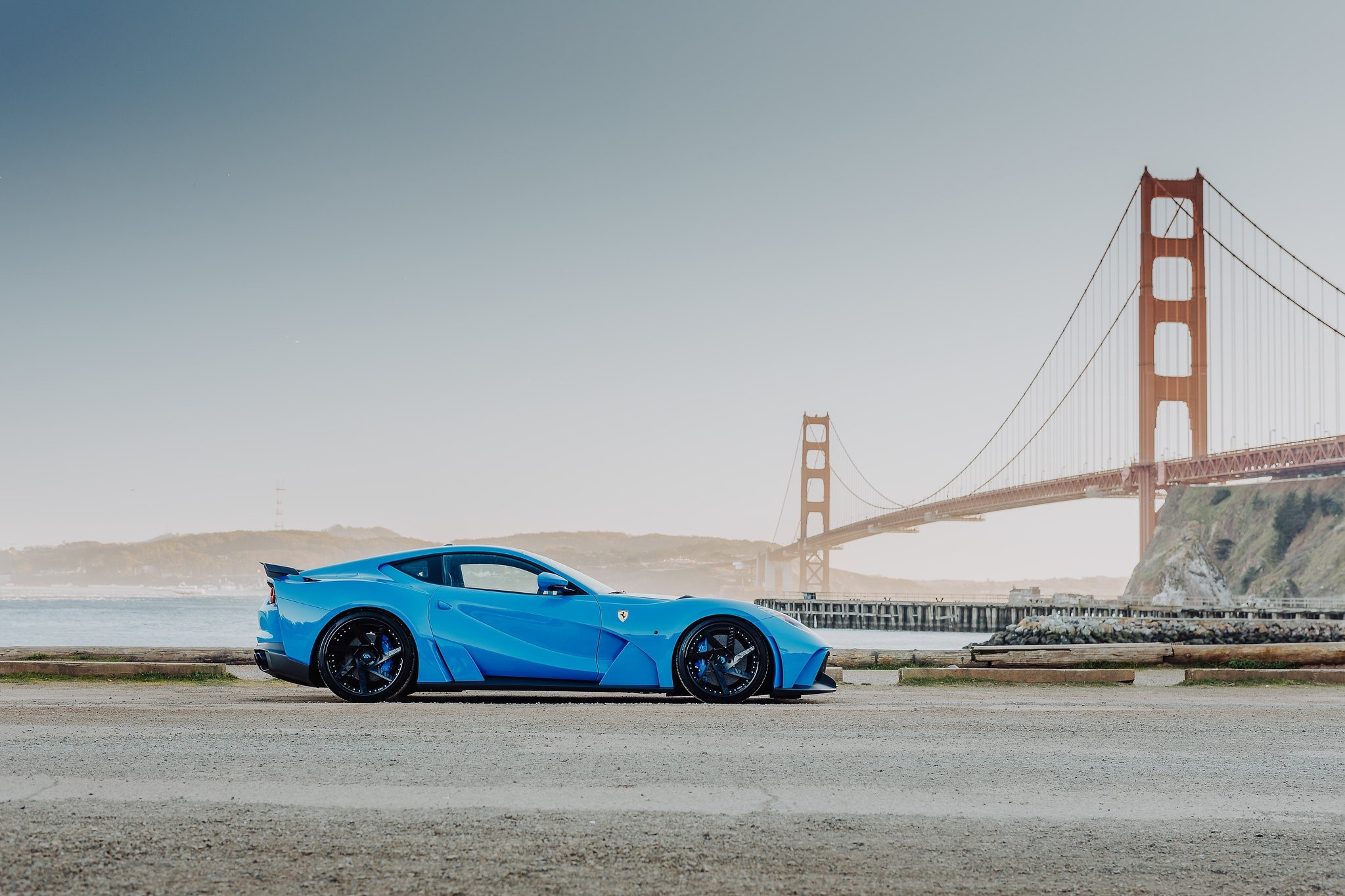 Blue Ferrari 812 Superfast by Golden Gate Bridge HD Wallpaper