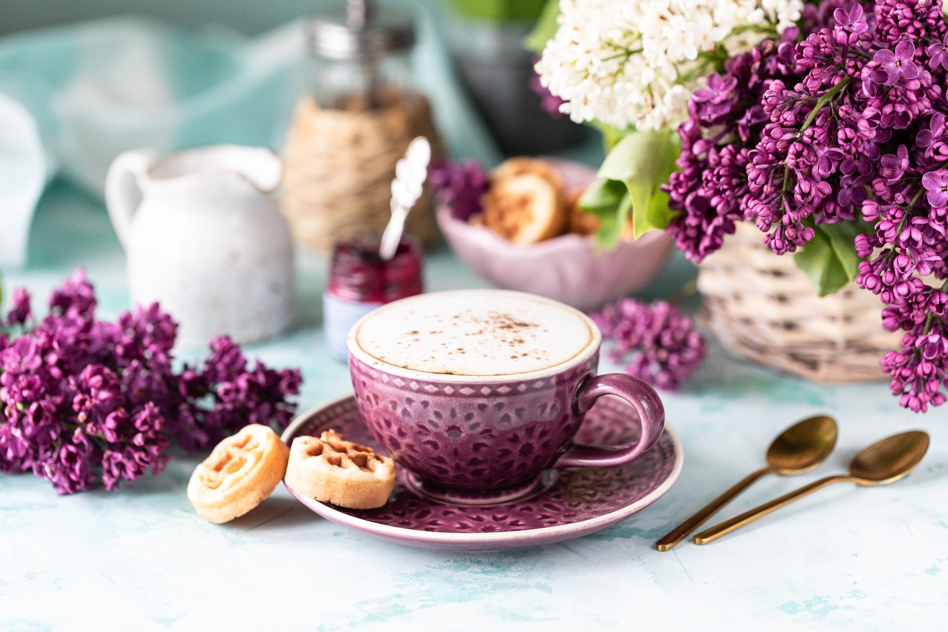 Coffee cup with lilac flowers and waffles HD Wallpaper