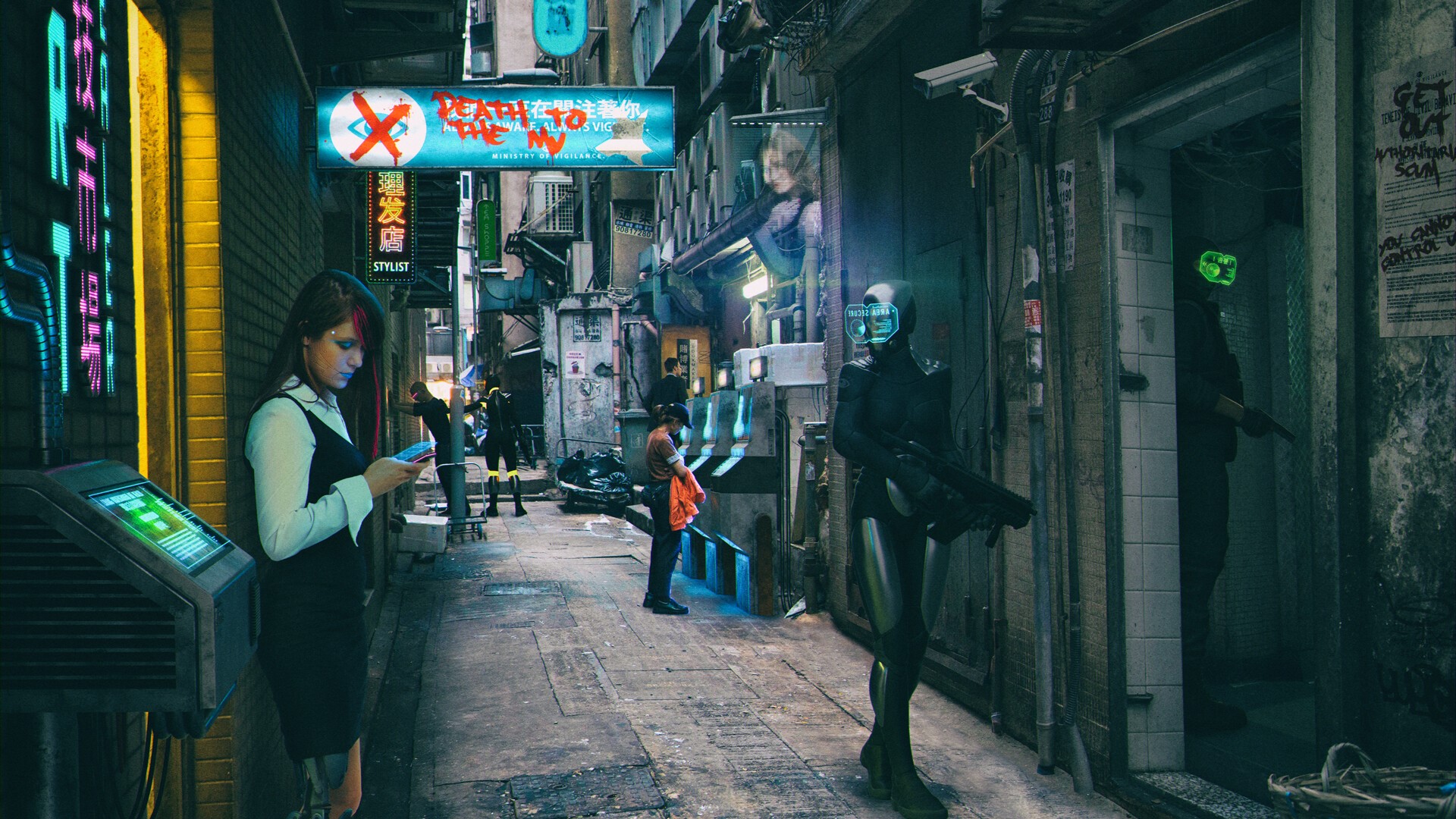 Cyberpunk alleyway with people and futuristic elements HD Wallpaper