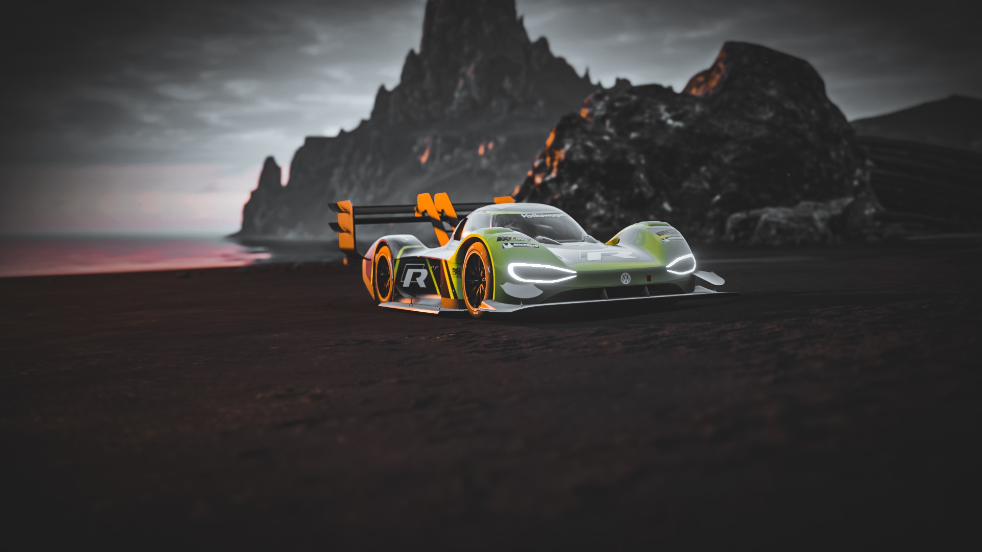 Volkswagen ID-R race car on a beach HD Wallpaper