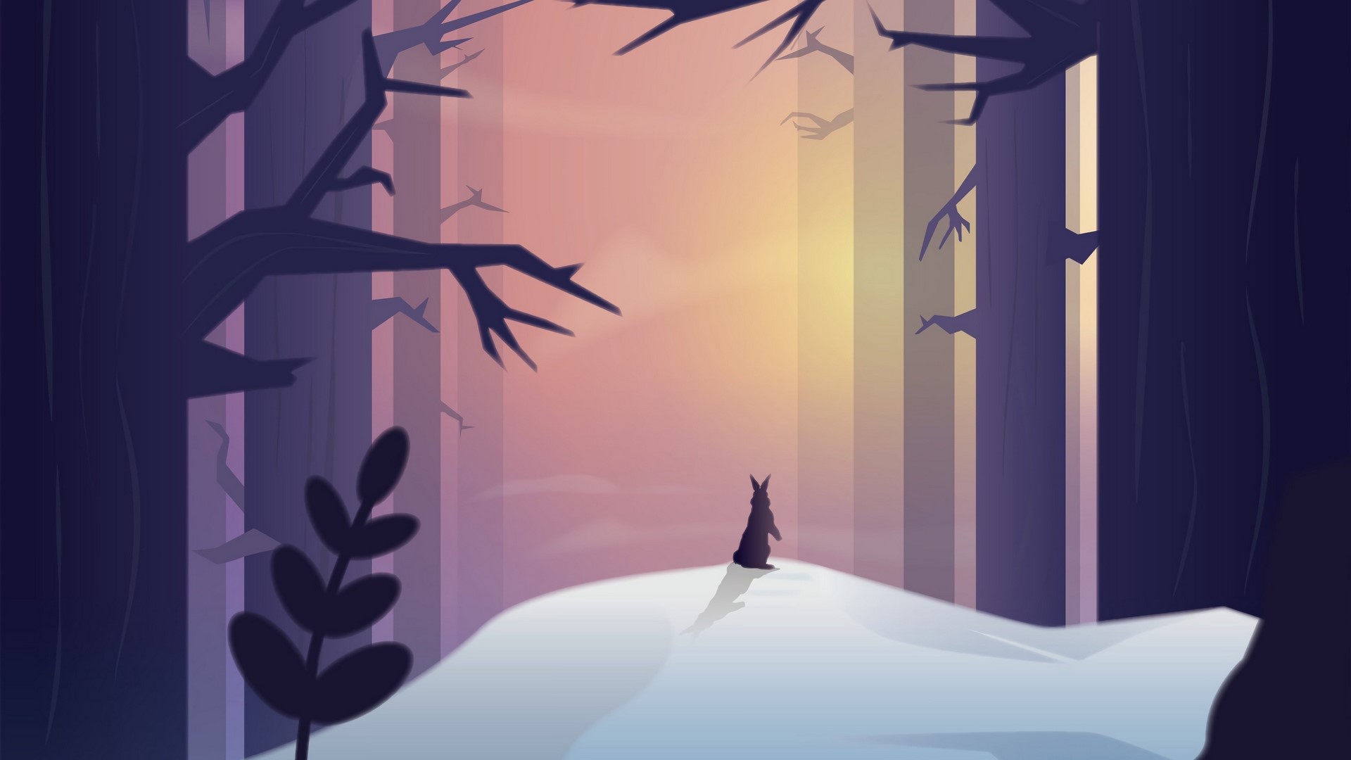 Rabbit in a snowy forest at sunset HD Wallpaper