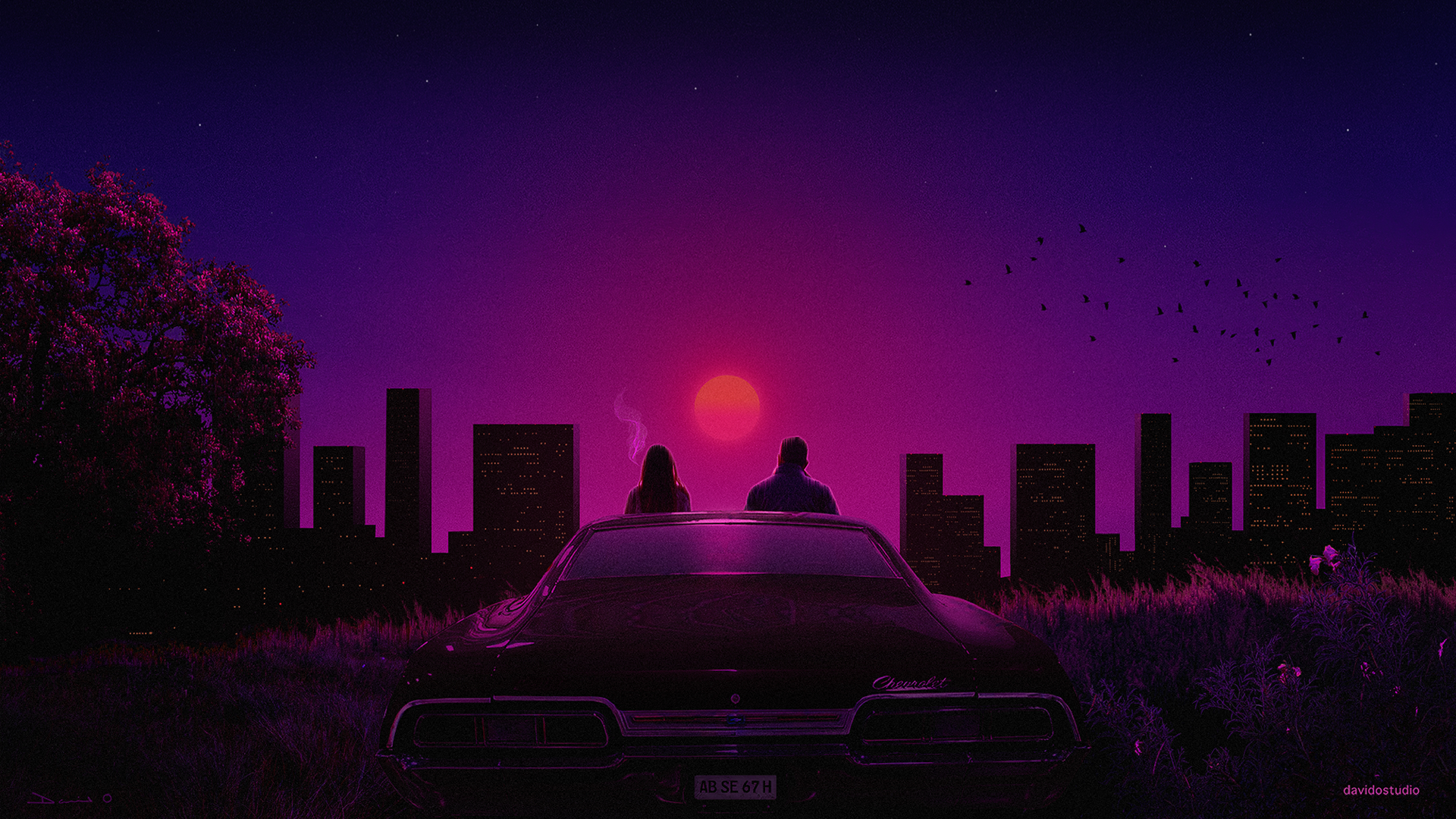 Couple in car watching sunset over city skyline HD Wallpaper