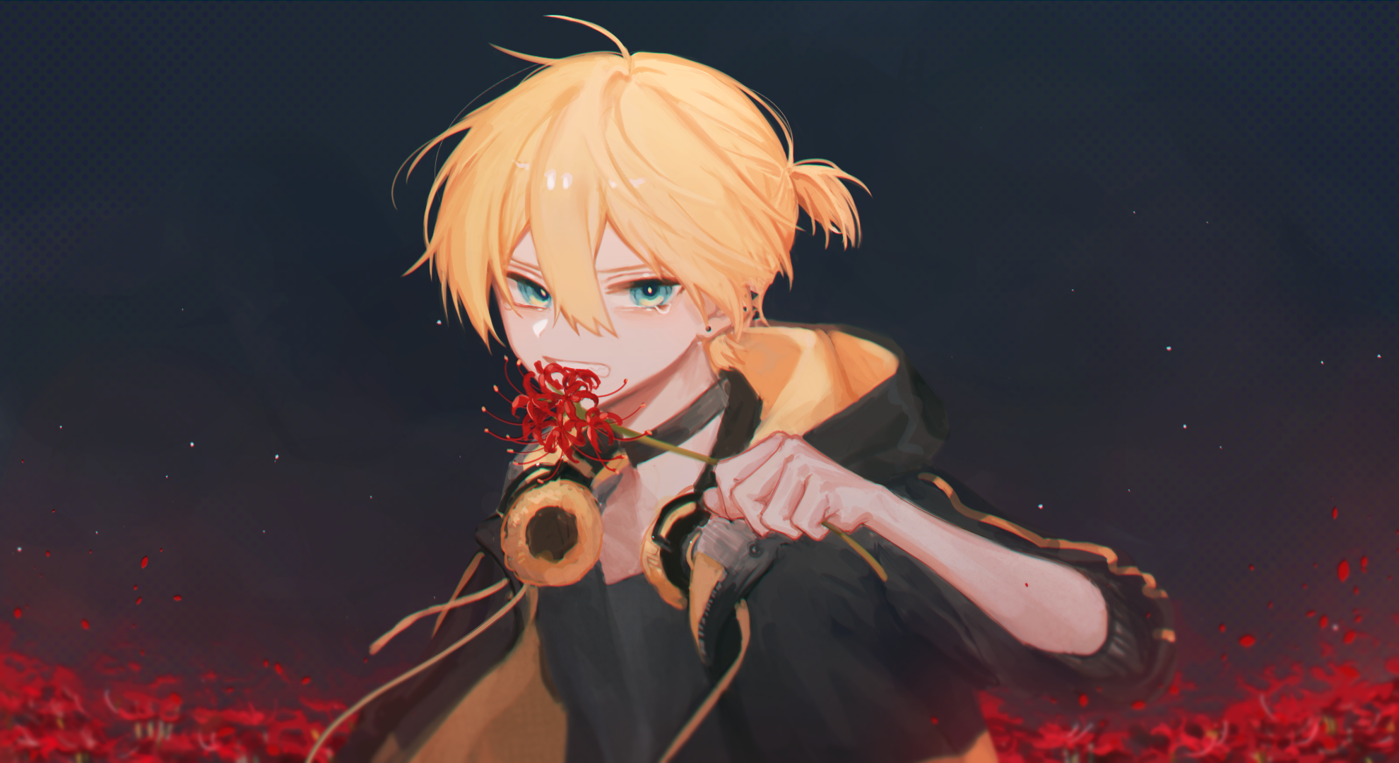 Kagamine Len from Vocaloid holding a red spider lily HD Wallpaper