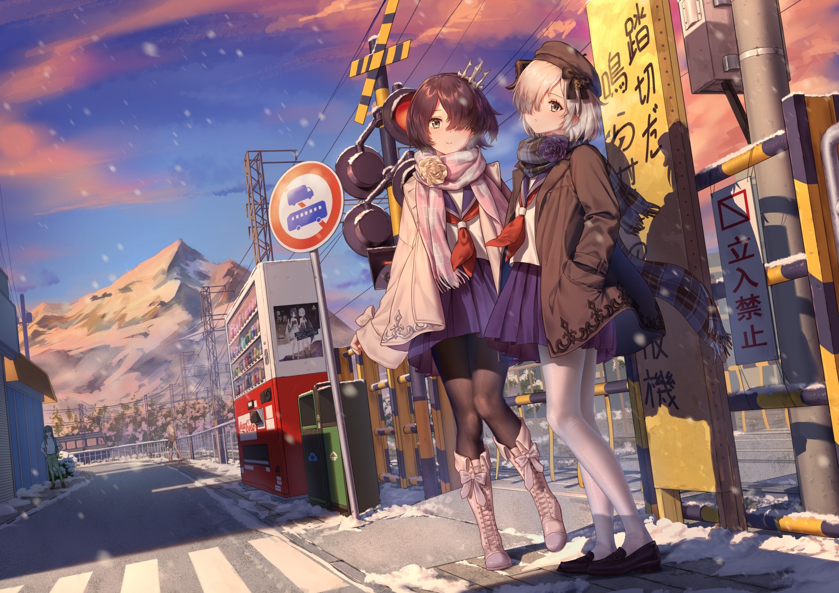 Two anime girls at a snowy train crossing HD Wallpaper