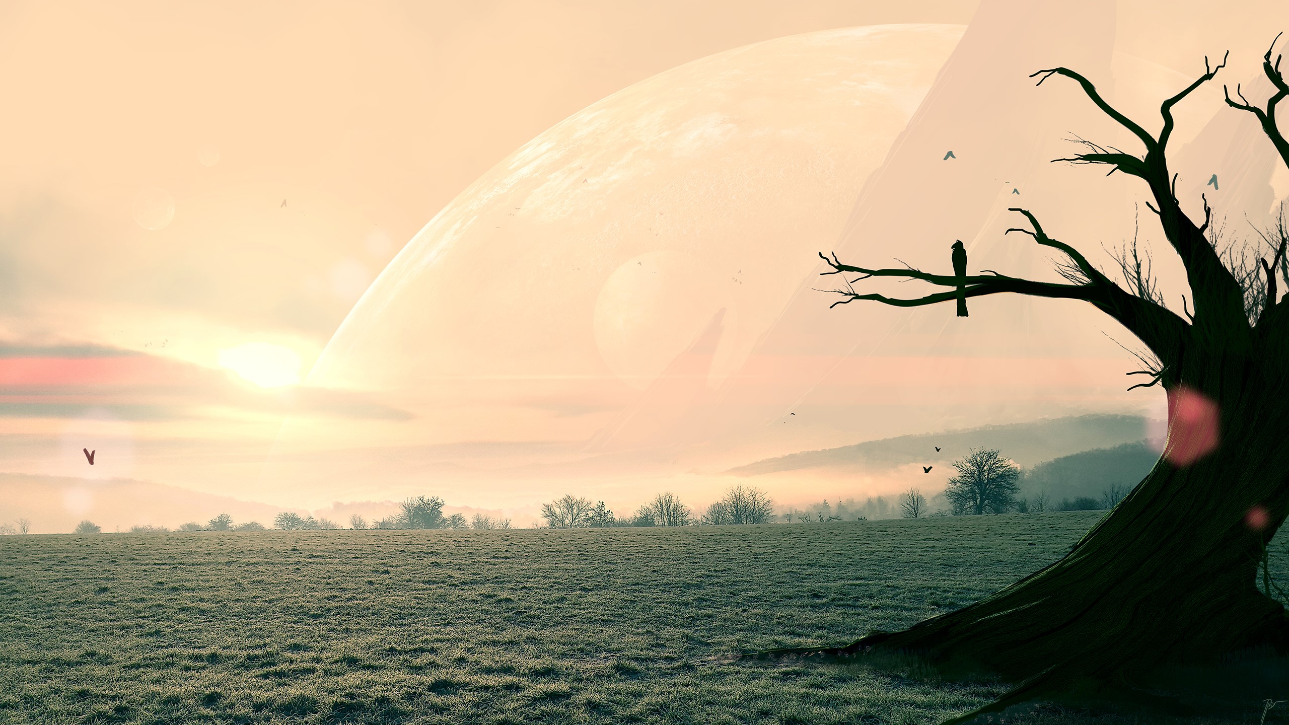 Surreal landscape with a large planet and a dead tree HD Wallpaper