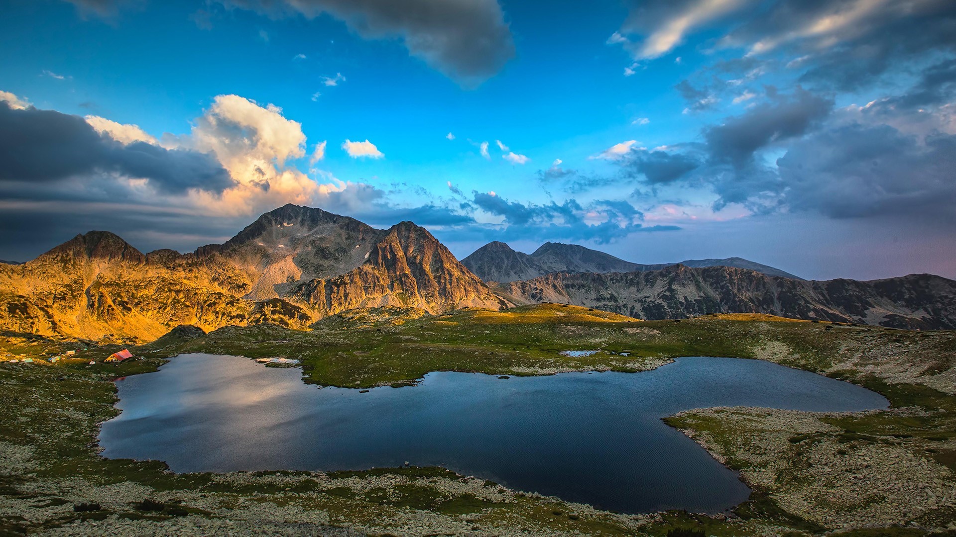 Pirin Mountains lake at sunset, Bulgaria HD Wallpaper