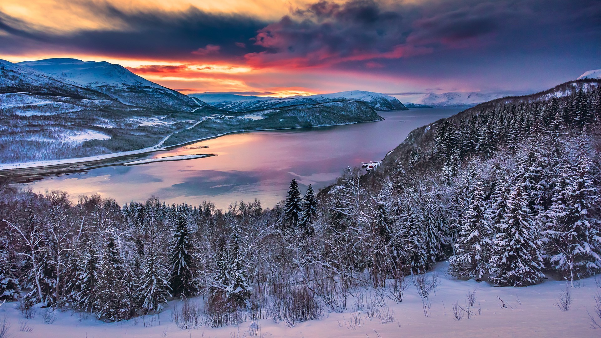 Snowy mountain landscape with a lake at dawn HD Wallpaper