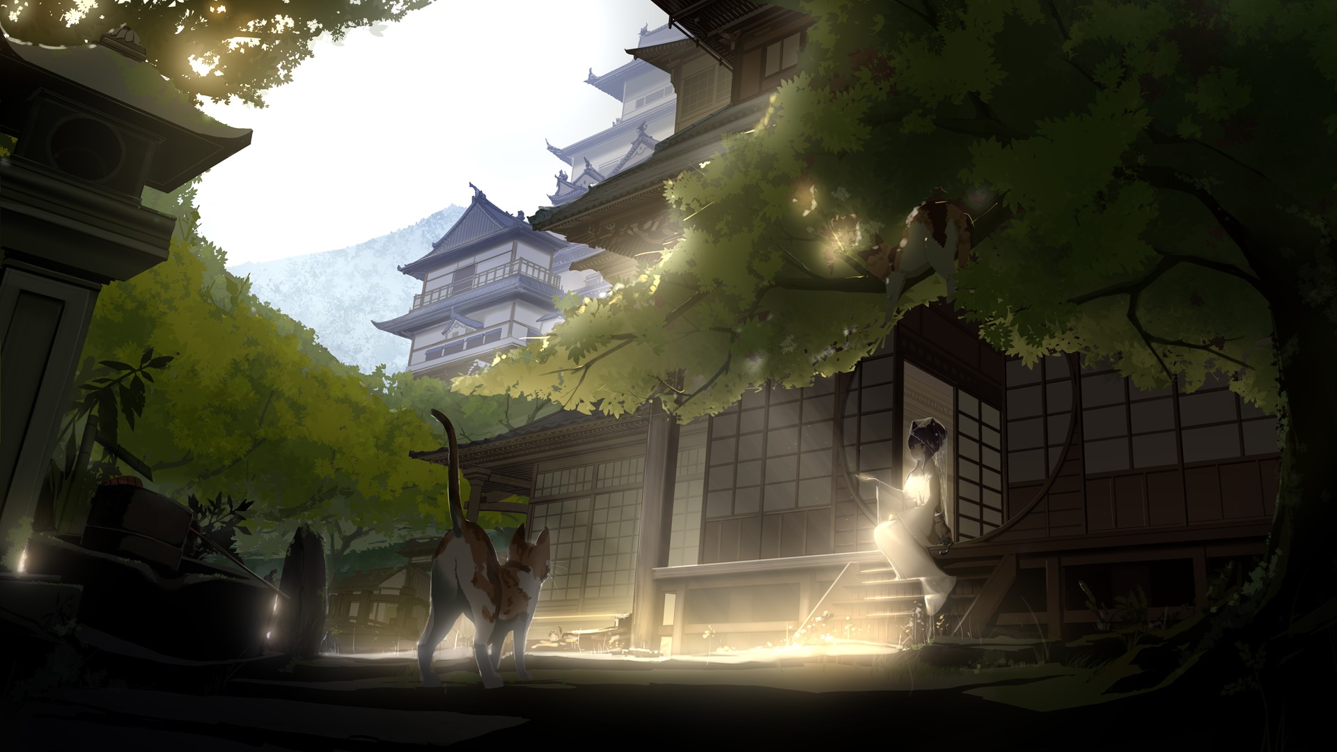 Anime scene with cats and Japanese architecture HD Wallpaper
