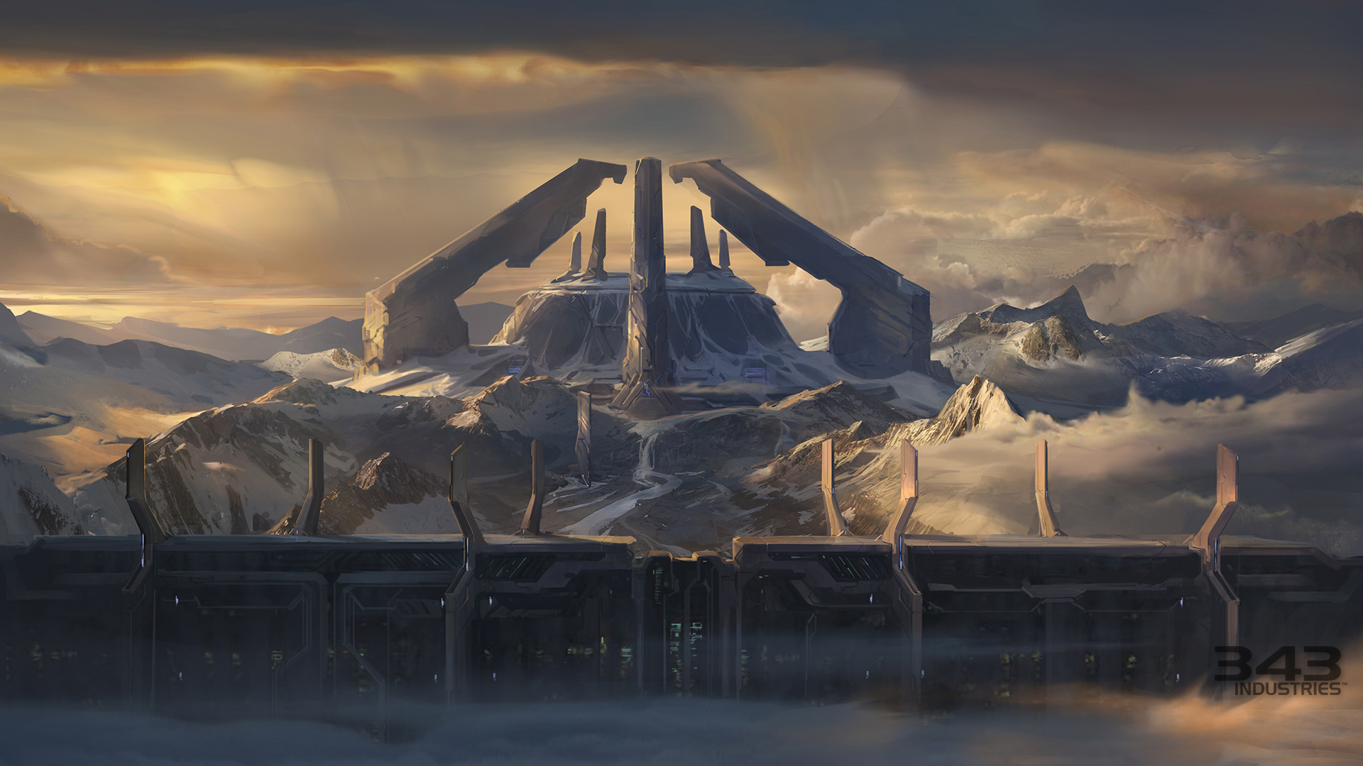 Halo Forerunner structure in a snowy mountain landscape HD Wallpaper