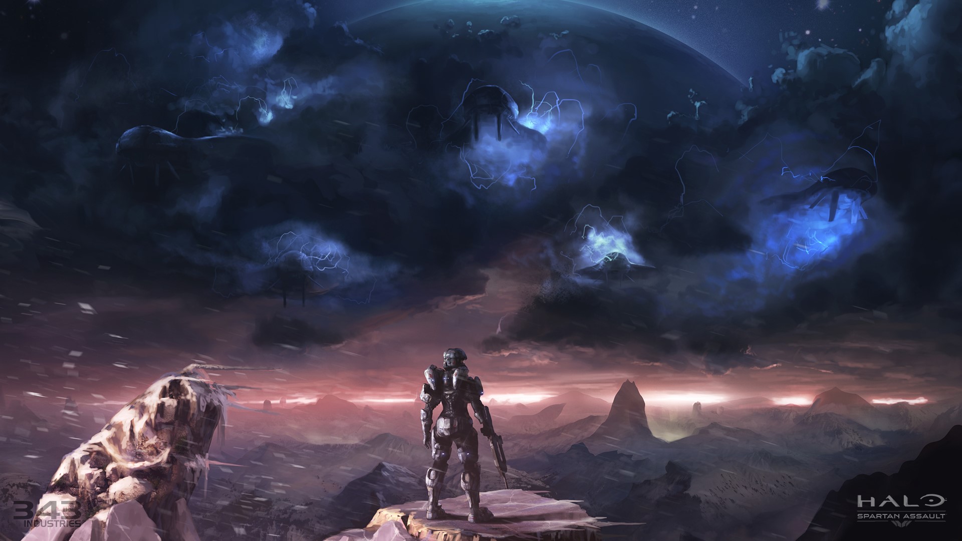 Spartan from Halo: Spartan Assault in a stormy landscape HD Wallpaper