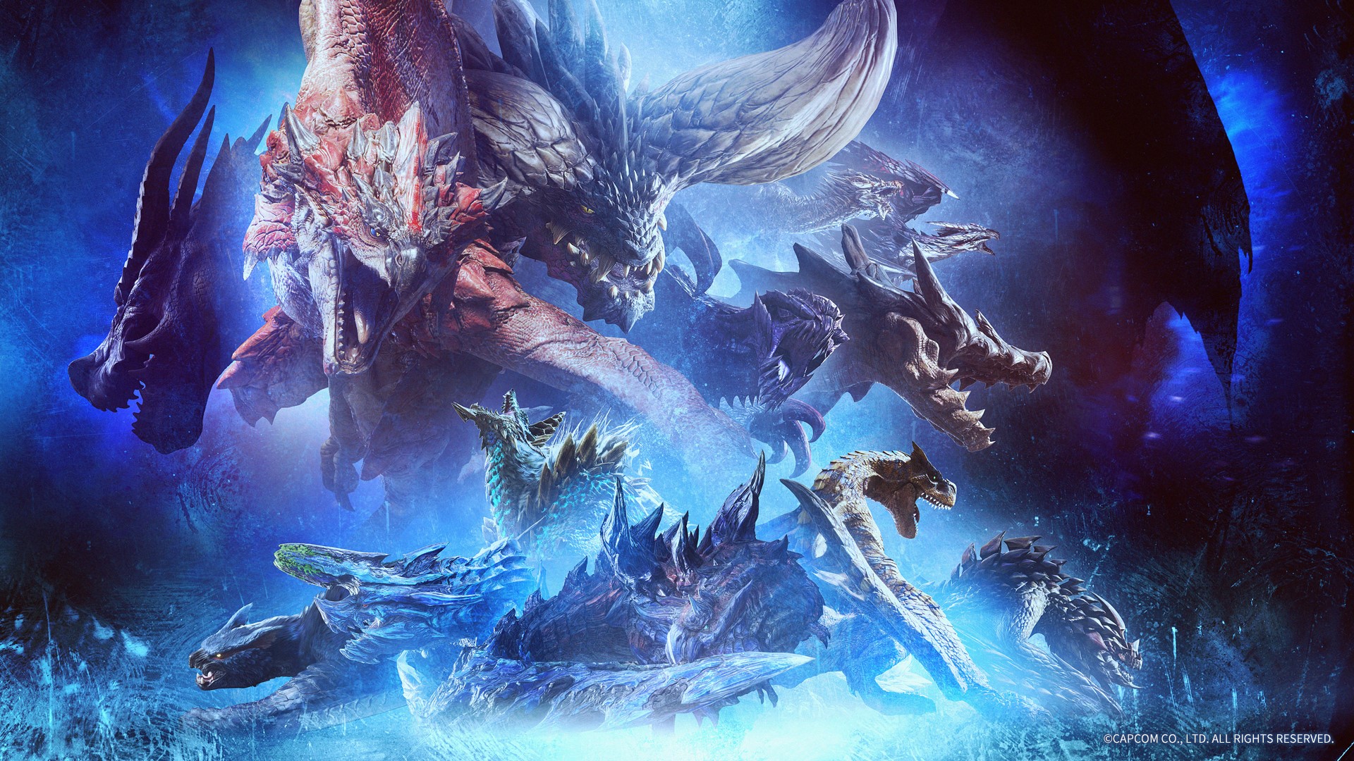 Monster Hunter: World creatures in a dark, icy environment HD Wallpaper