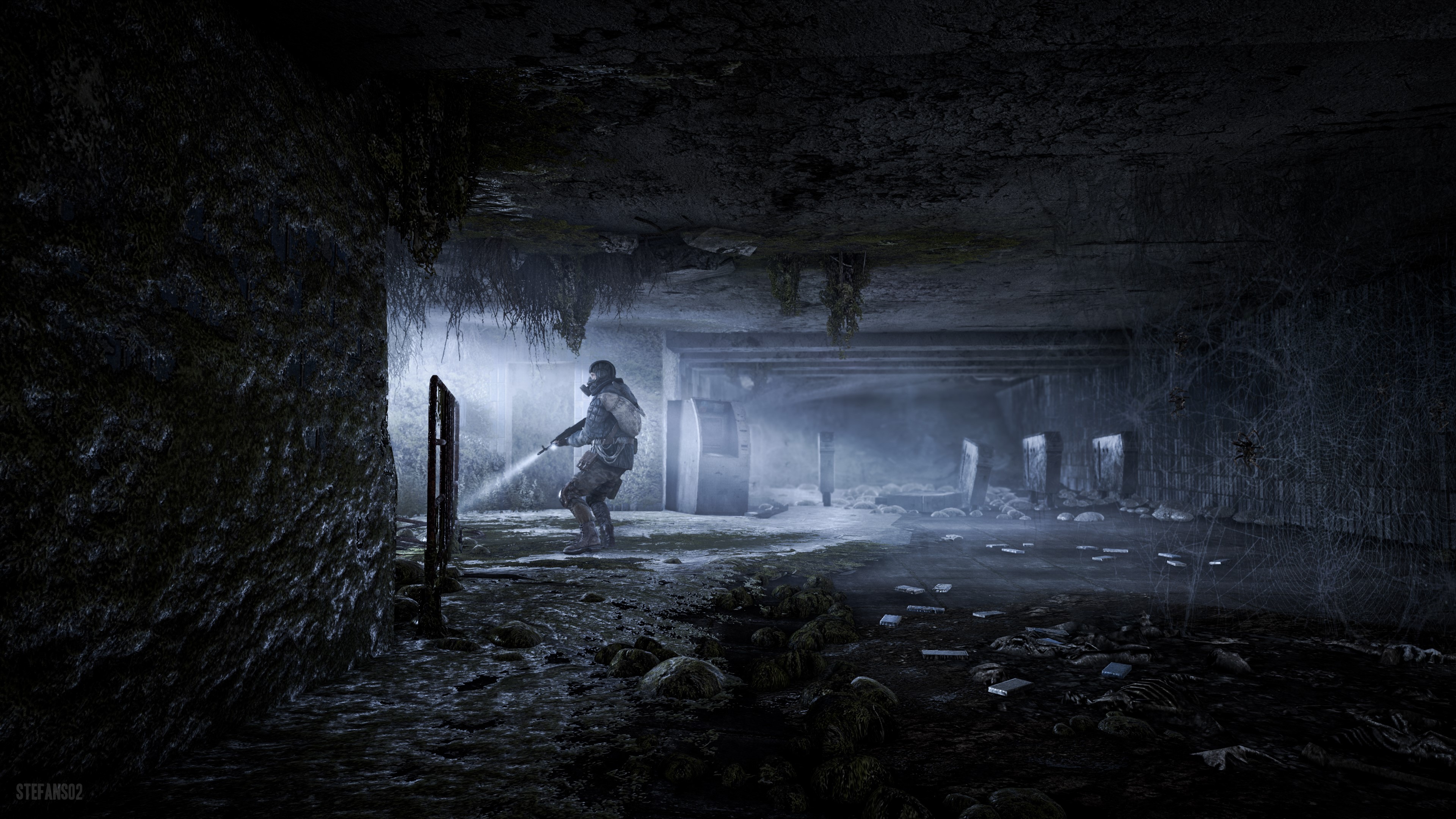 Soldier with assault rifle in post-apocalyptic metro tunnel HD Wallpaper
