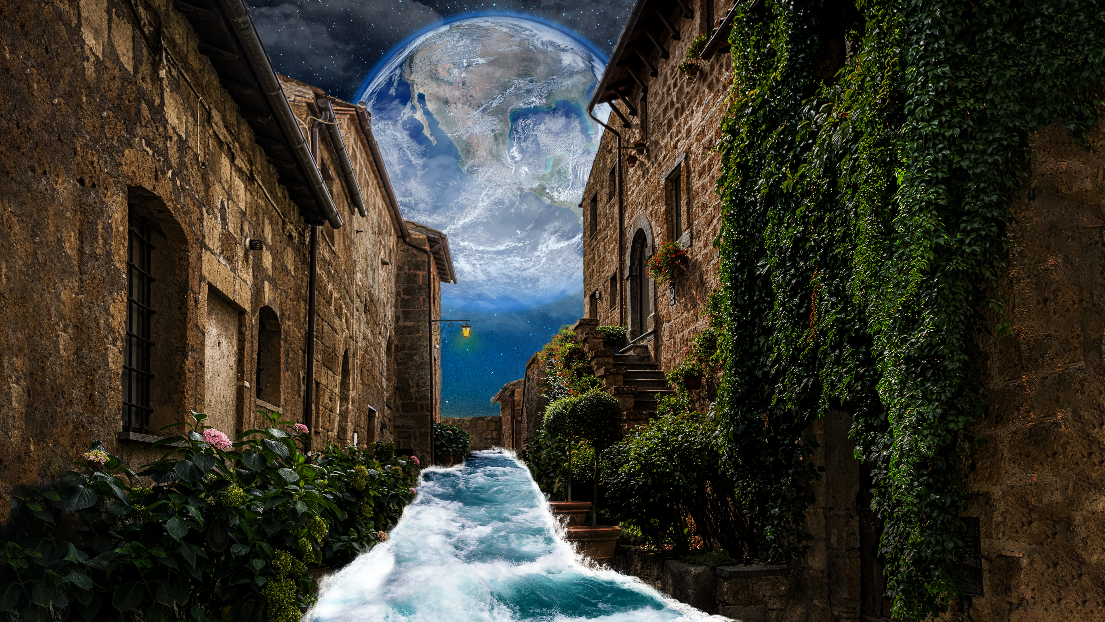 4K Earth in a Surreal Street Scene HD Wallpaper