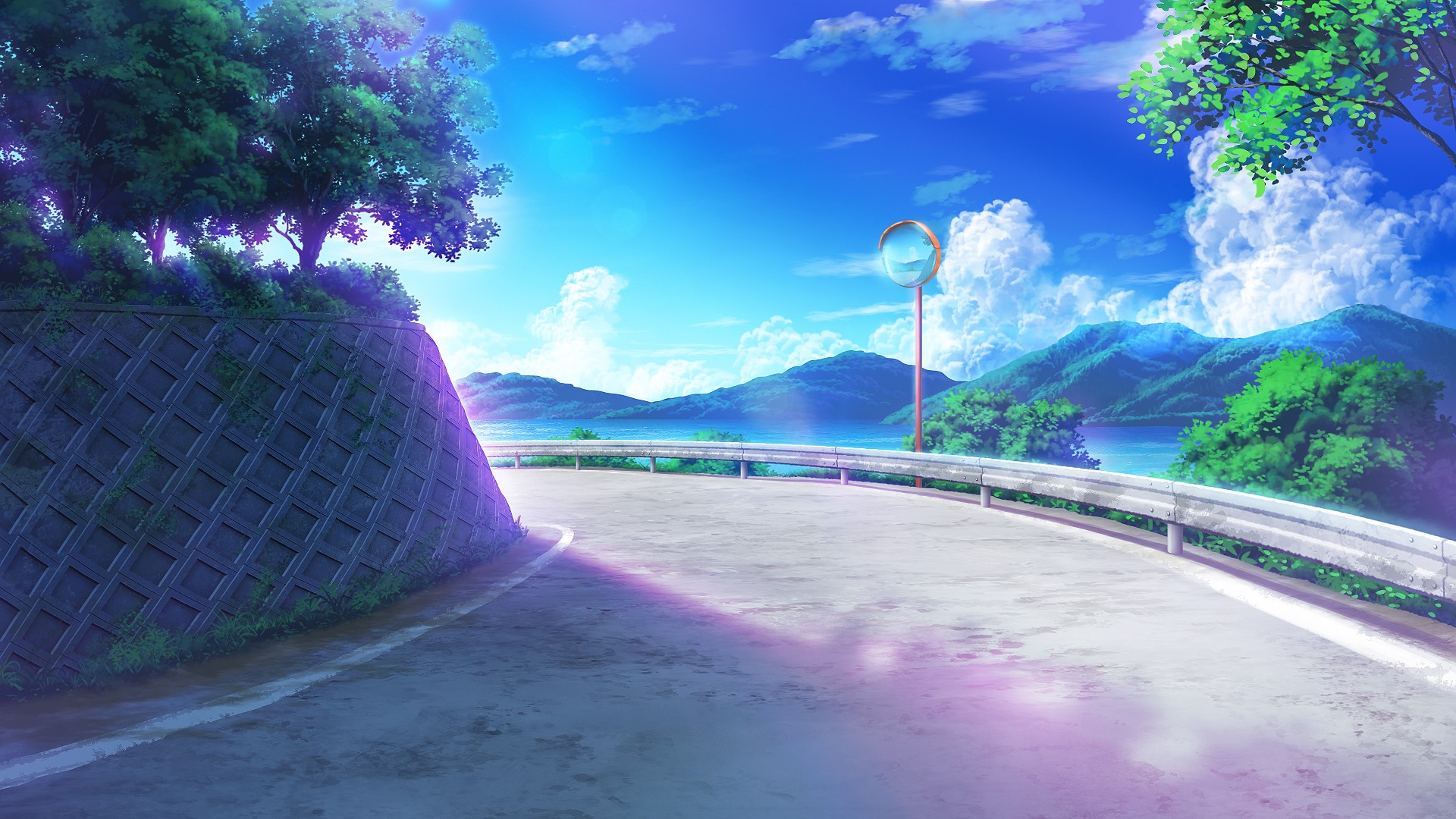 Anime road with mountains and lake HD Wallpaper