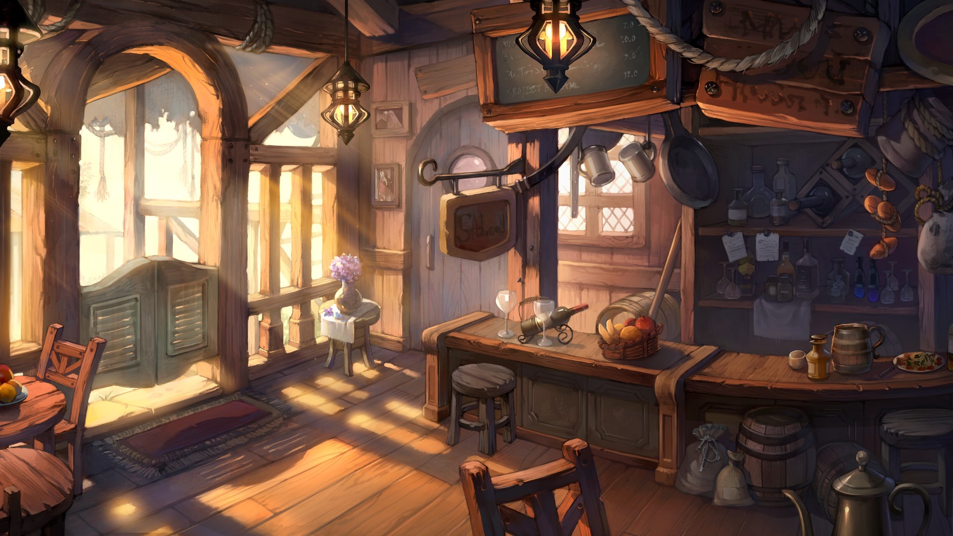 Tavern interior with sunlight and bar HD Wallpaper