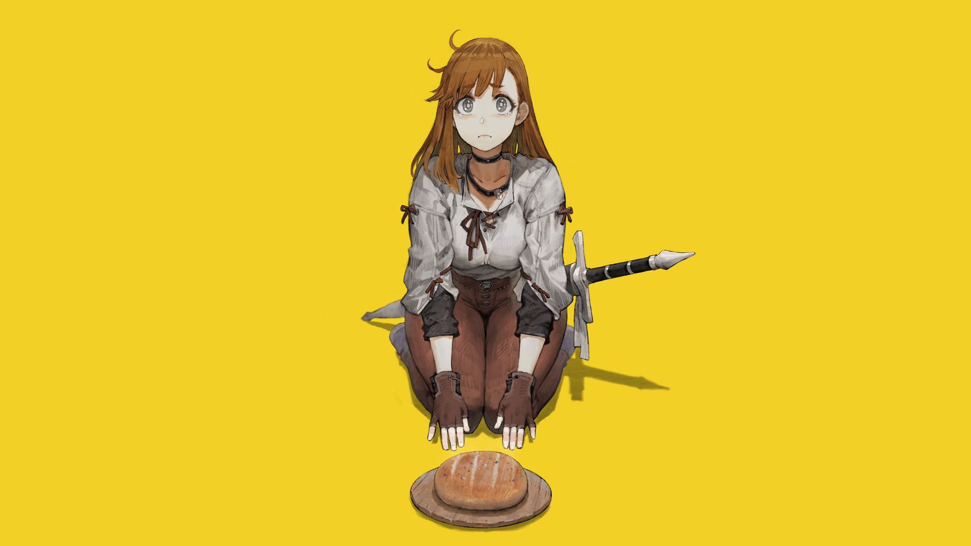 Anime girl with sword and bread on yellow background HD Wallpaper
