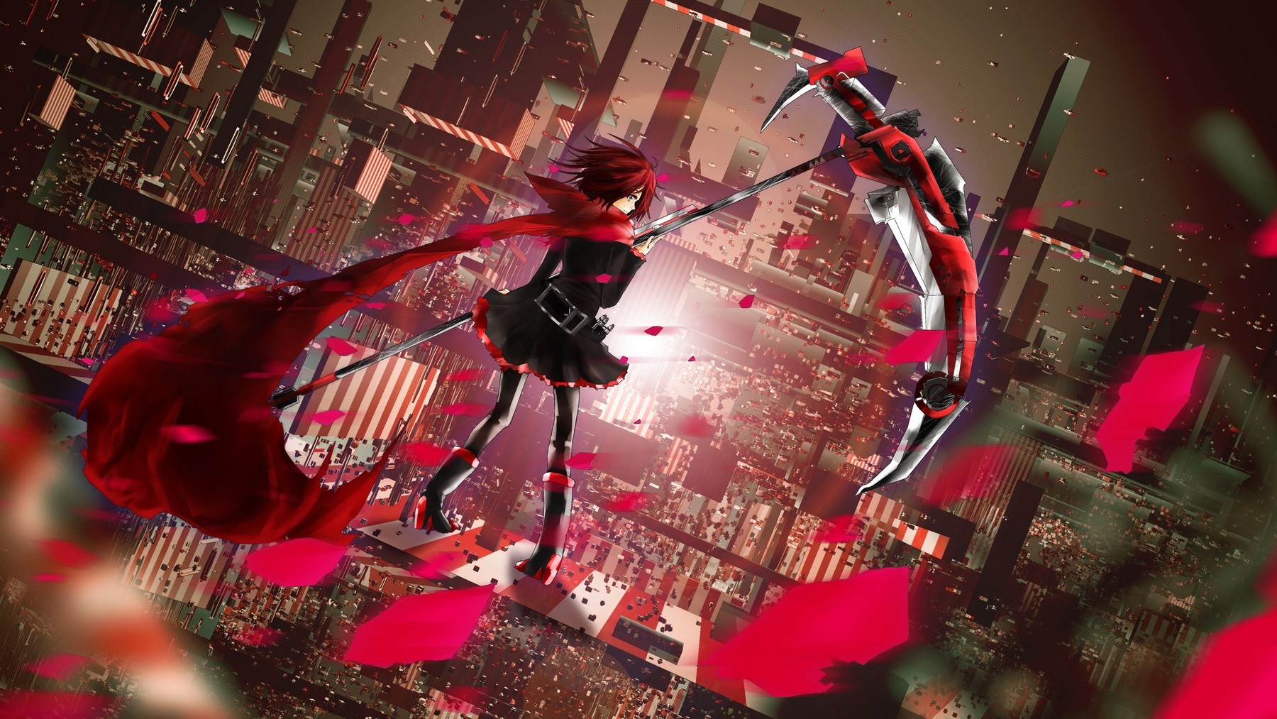 Ruby Rose from RWBY with Crescent Rose in a city HD Wallpaper