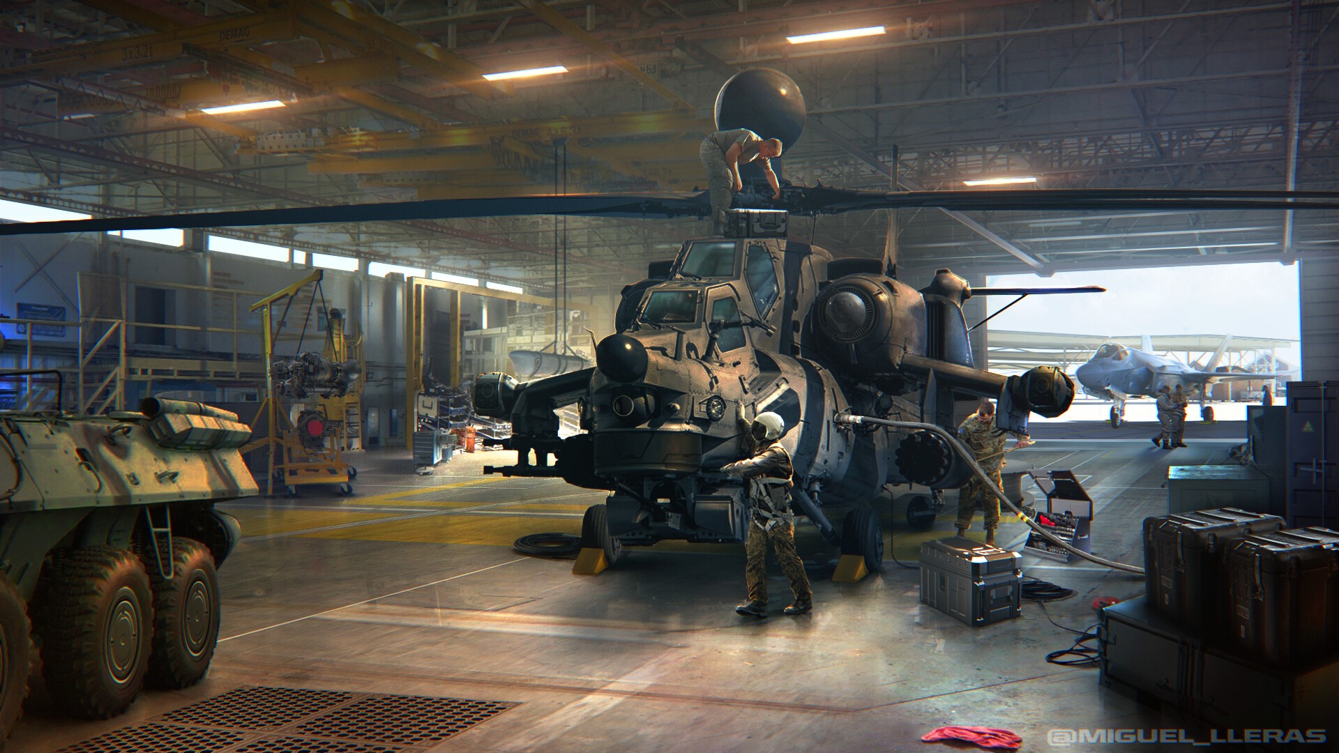 Military helicopter and jet in a hangar HD Wallpaper