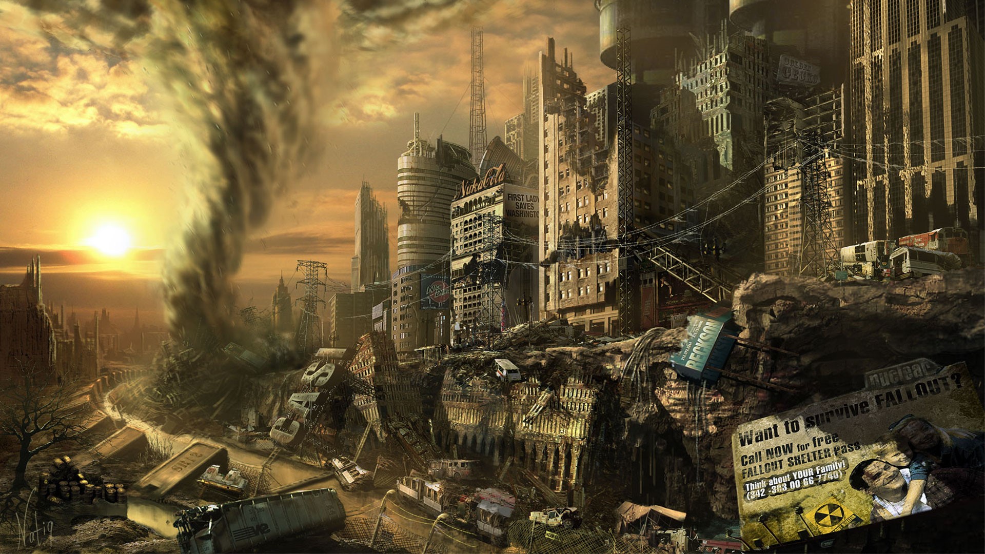 Apocalyptic city with tornado and sunset, Fallout 3 HD Wallpaper