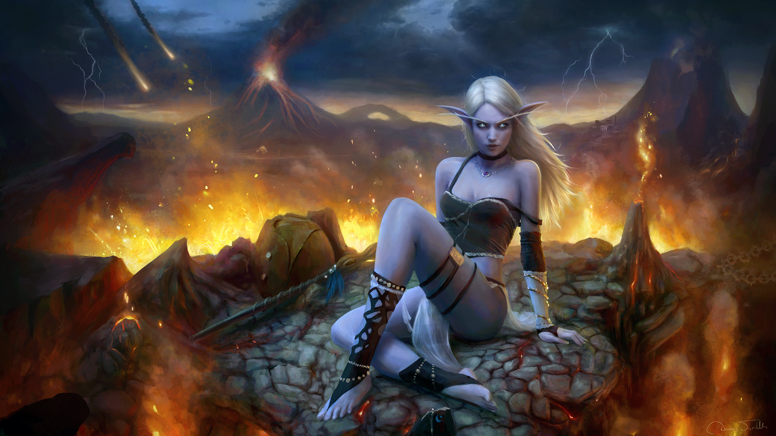 Elf woman sitting in front of a volcanic eruption HD Wallpaper
