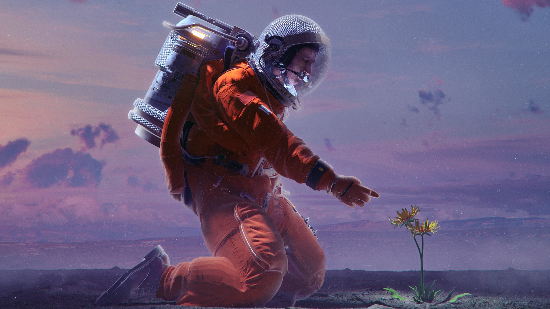 Astronaut kneeling to touch a flower on an alien planet HD Wallpaper