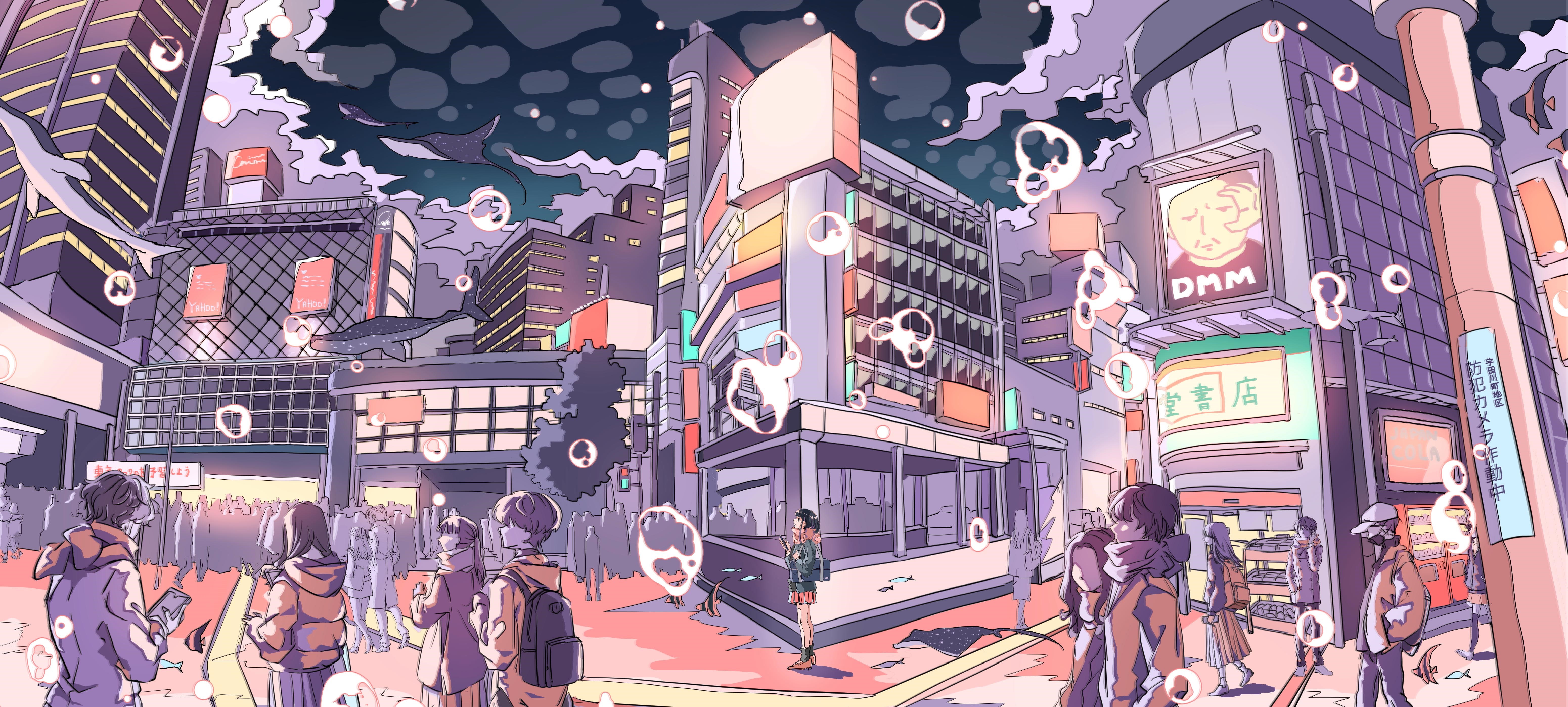 Anime cityscape with manta rays and bubbles HD Wallpaper