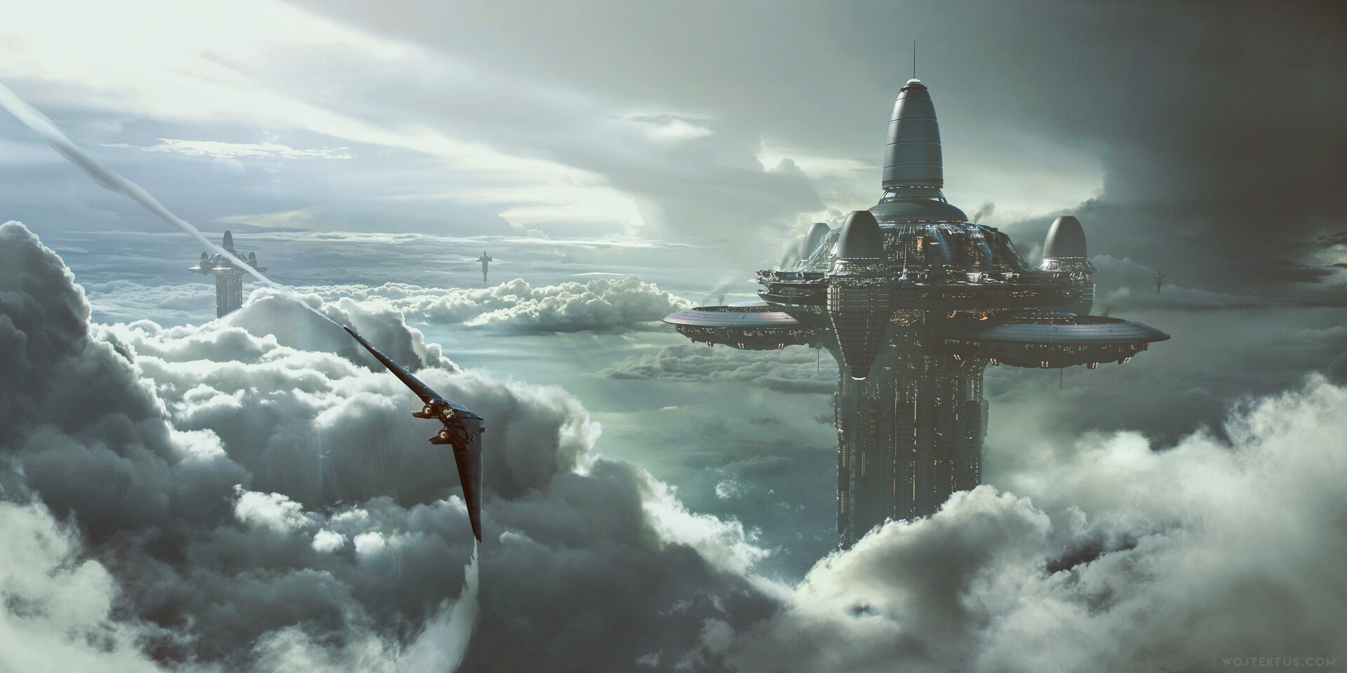 Futuristic city in the clouds by Wojtek Fus HD Wallpaper