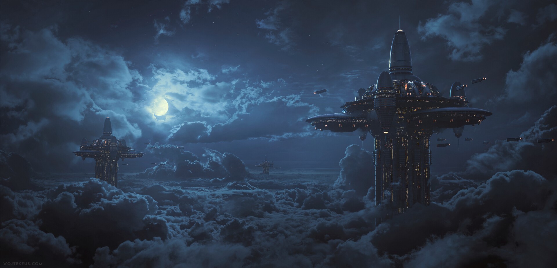 Science fiction city in the clouds at night HD Wallpaper