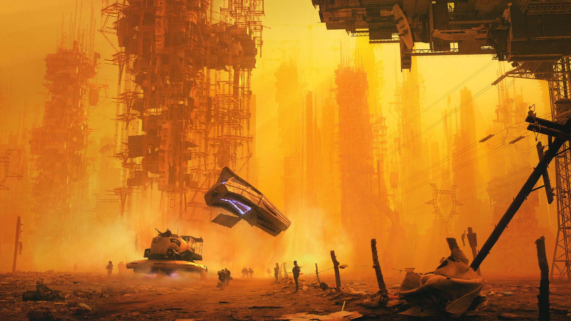 Futuristic orange city with flying vehicle and tank HD Wallpaper