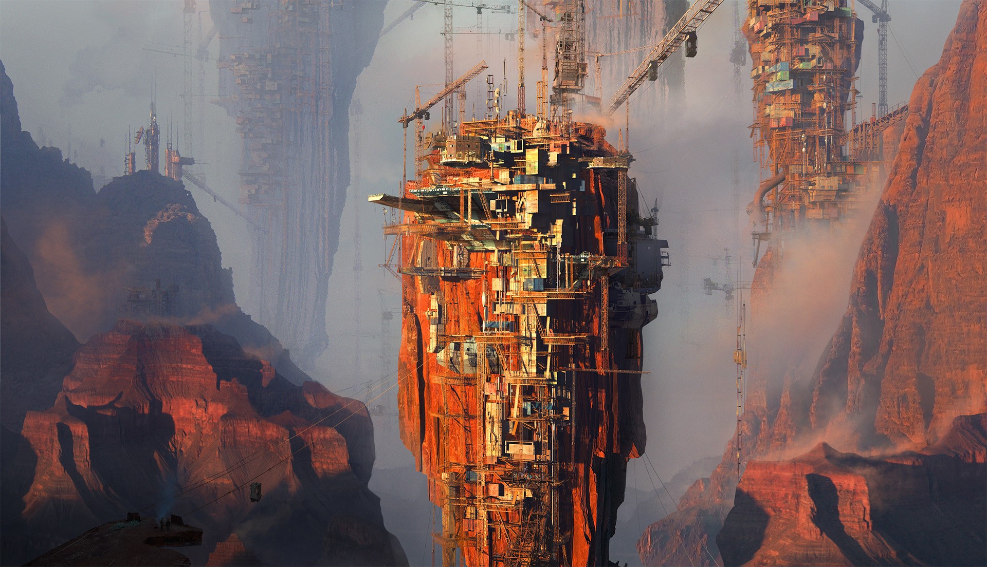 Artwork of a futuristic city built on cliffs with cranes HD Wallpaper
