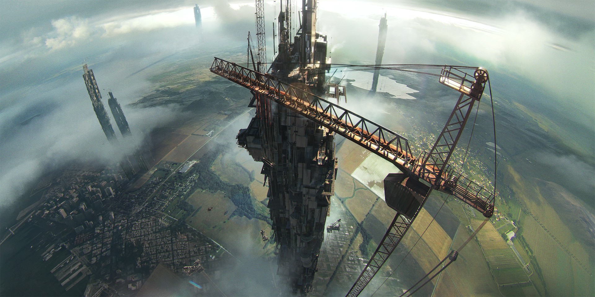 Tower with cranes overlooking a city and landscape HD Wallpaper