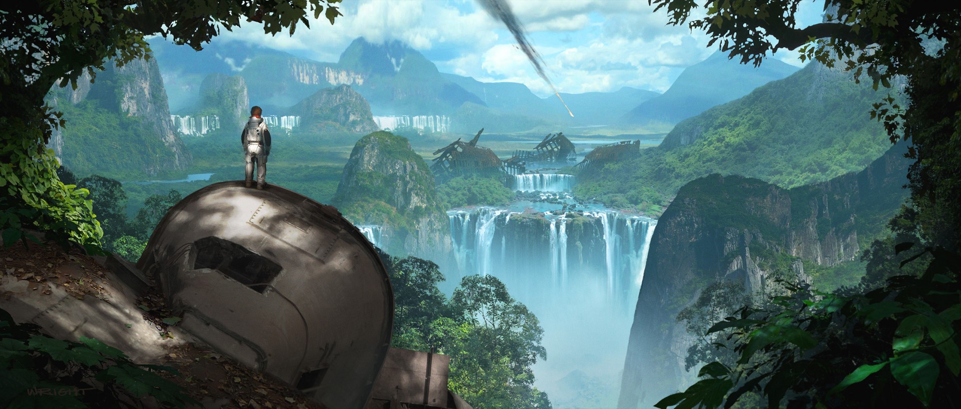 Artwork of a person standing on a crashed ship overlooking waterfalls HD Wallpaper