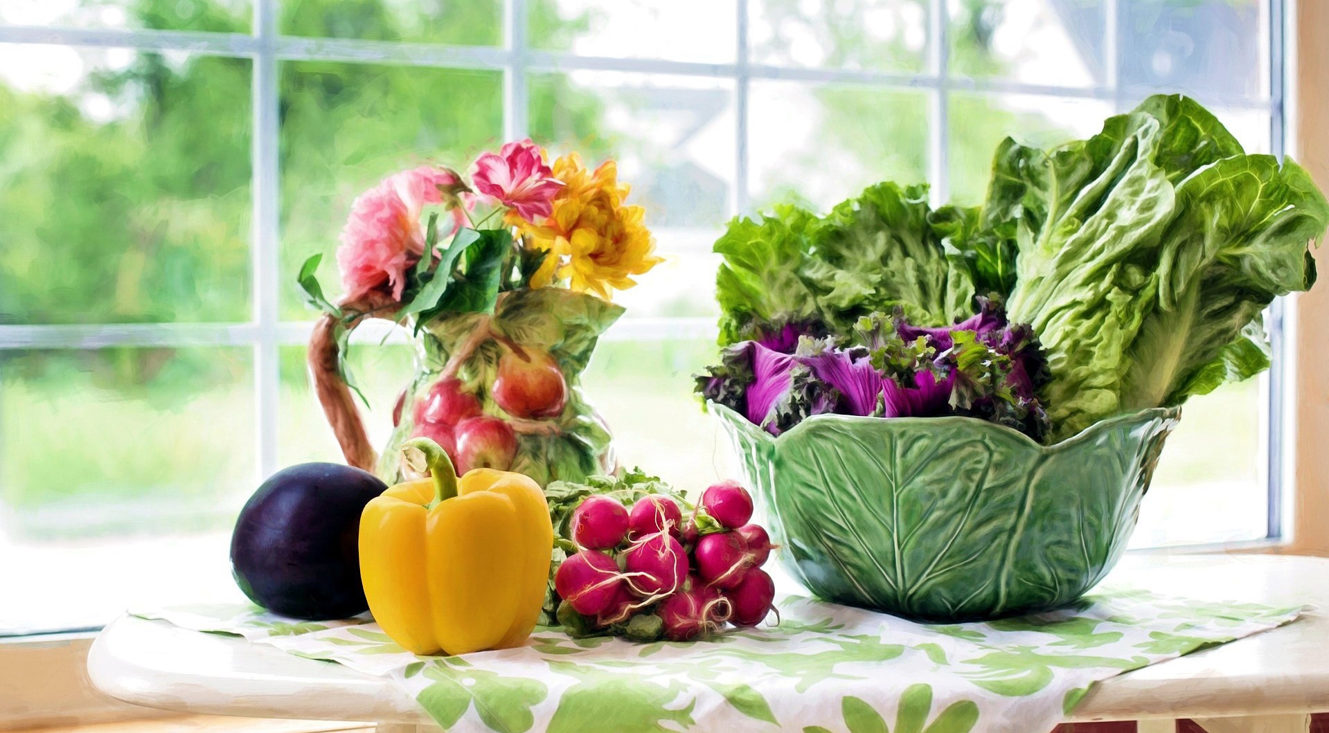 Still life painting of fresh vegetables and flowers HD Wallpaper