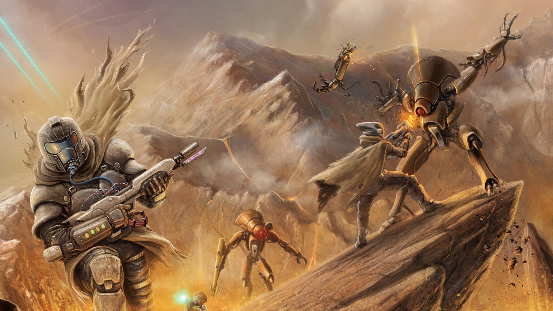 Soldiers and robots in a desert war HD Wallpaper