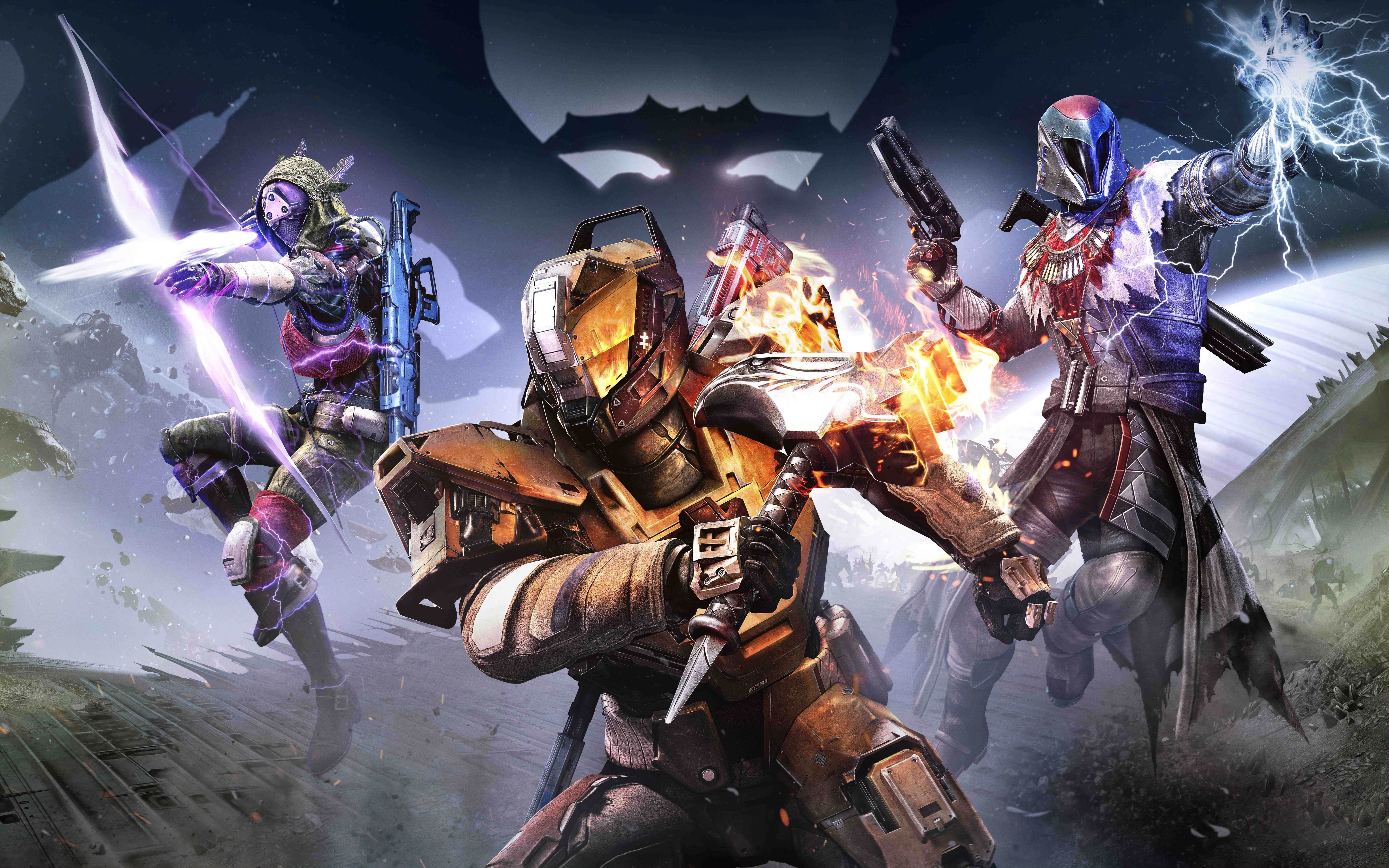 Destiny 2: Titan, Hunter, and Warlock with weapons HD Wallpaper