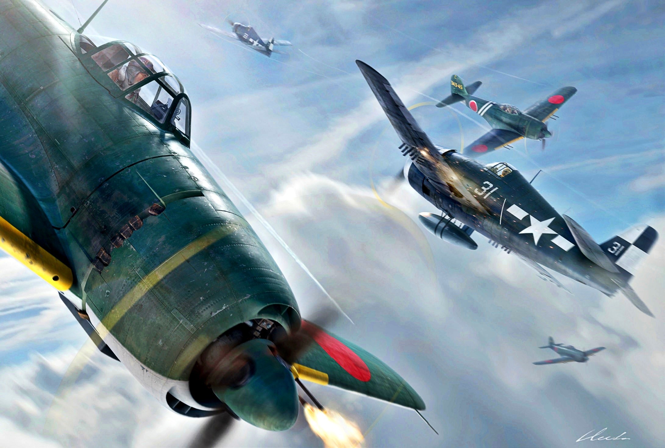 World War II aircraft dogfight in the sky HD Wallpaper