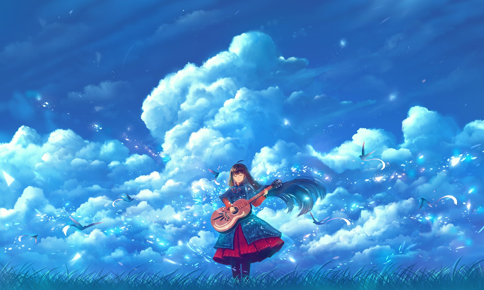Girl playing guitar among clouds with birds HD Wallpaper
